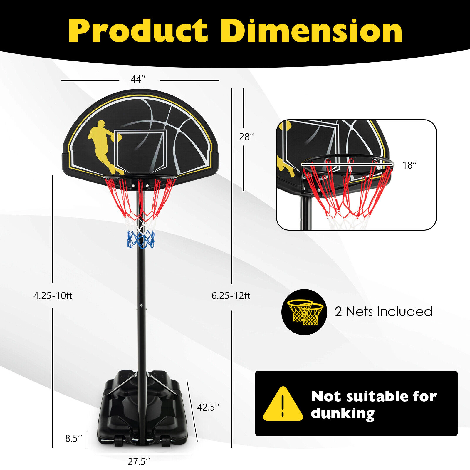 SUGIFT Adjustable Basketball Goal Hoop System 4.25-10 ft Height Range with 43.5-in Backboard and 18-in Rim Black