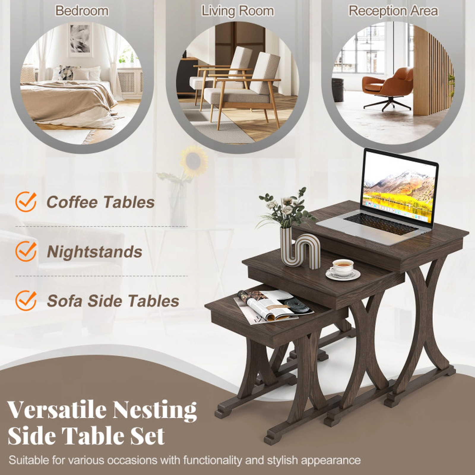 SUGIFT 3-Piece Brown Nesting Coffee Table Set with Solid Rubber Wood Legs