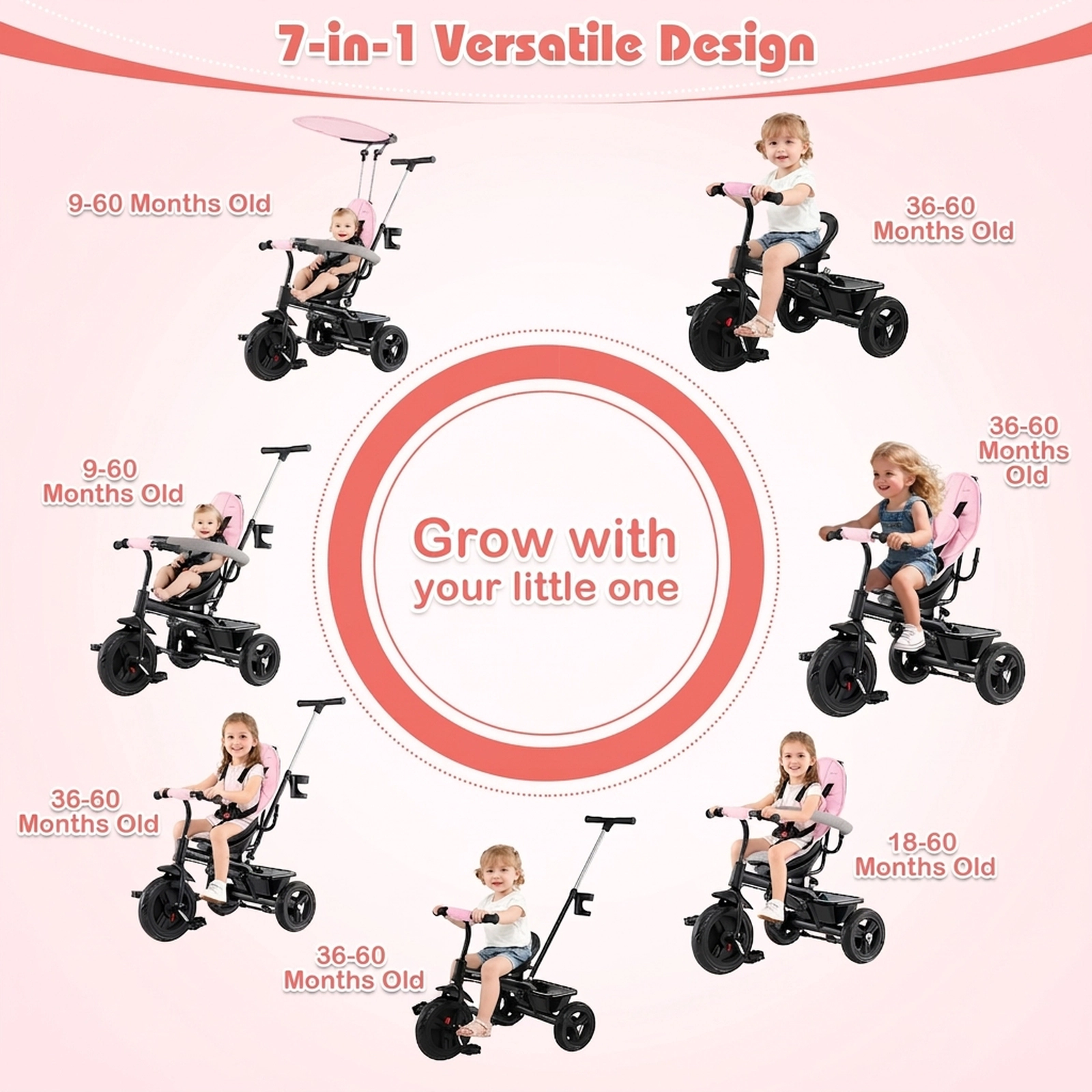 SUGIFT Toddler Pink 7-in-1 Baby Tricycle with Adjustable Canopy 38-in W 41-in to 55-in H 55-lb Seat Capacity