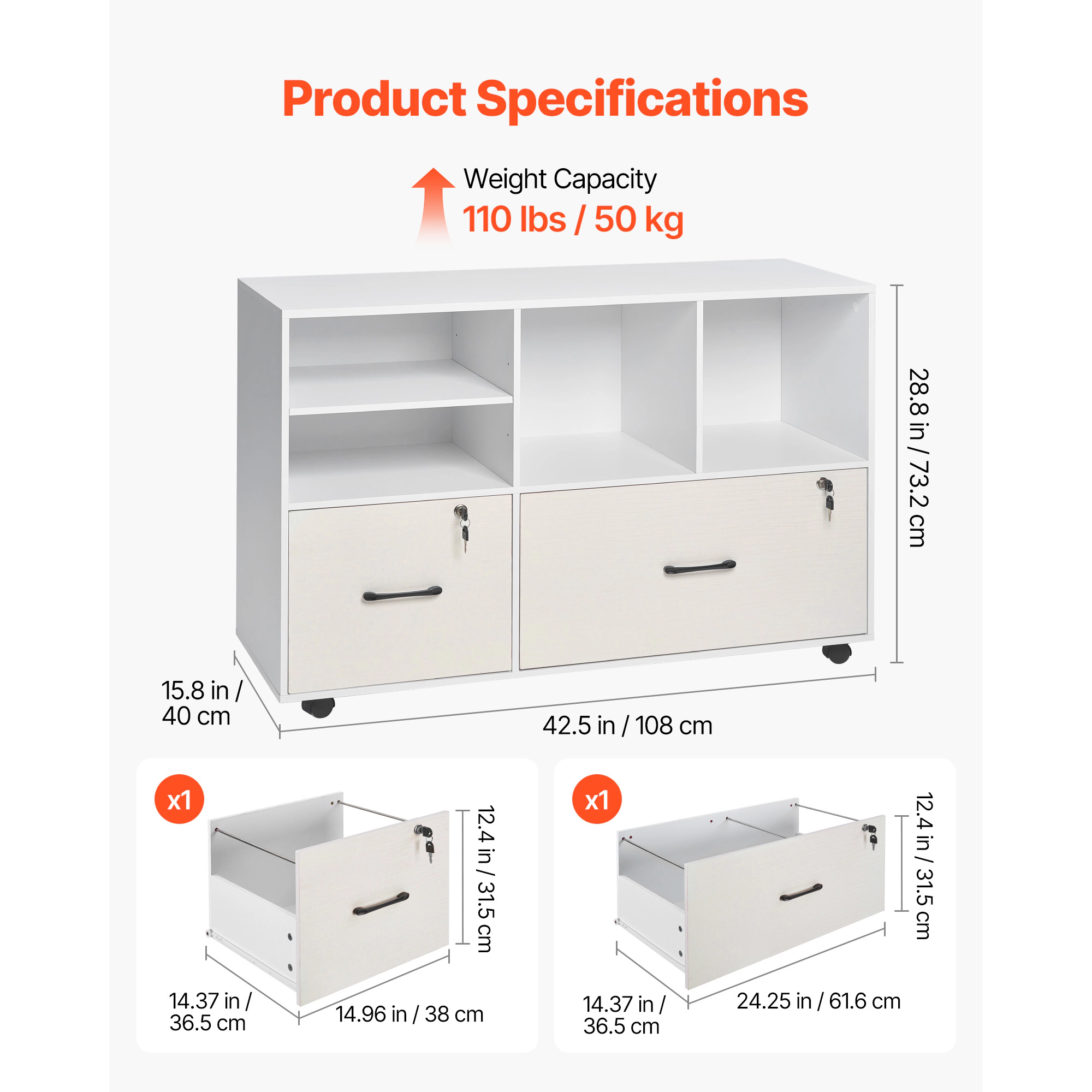 HONGGE 2-Drawer Rolling Storage Cabinet, Adjustable Shelves & Lockable Wheels, White Printer Stand, Home Office