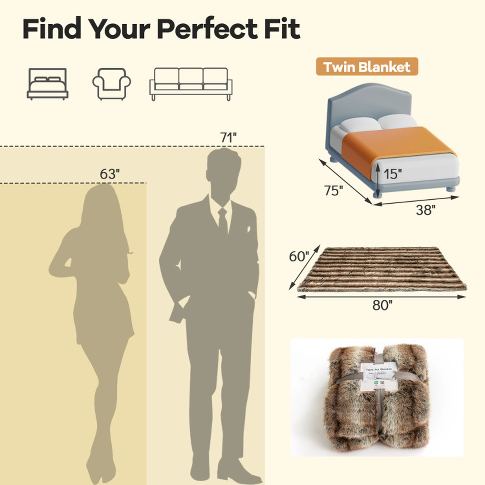 SUGIFT Twin Size Double Sided Faux Fox Fur PV Fleece Blanket 780GSM Face 340GSM Back 60 x 80-in 8.5-lb Brown Taupe