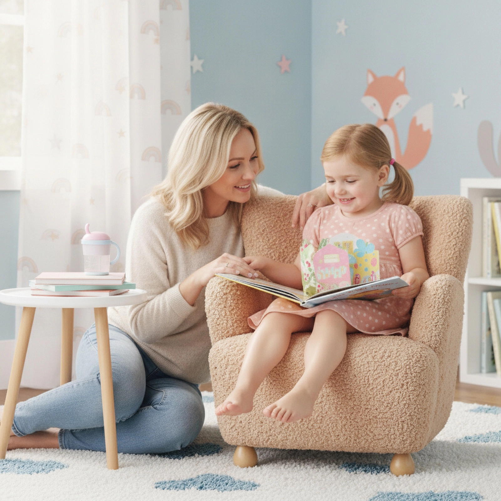 SUGIFT Light Pink Sherpa Kids Armchair with Rubber Wood Legs