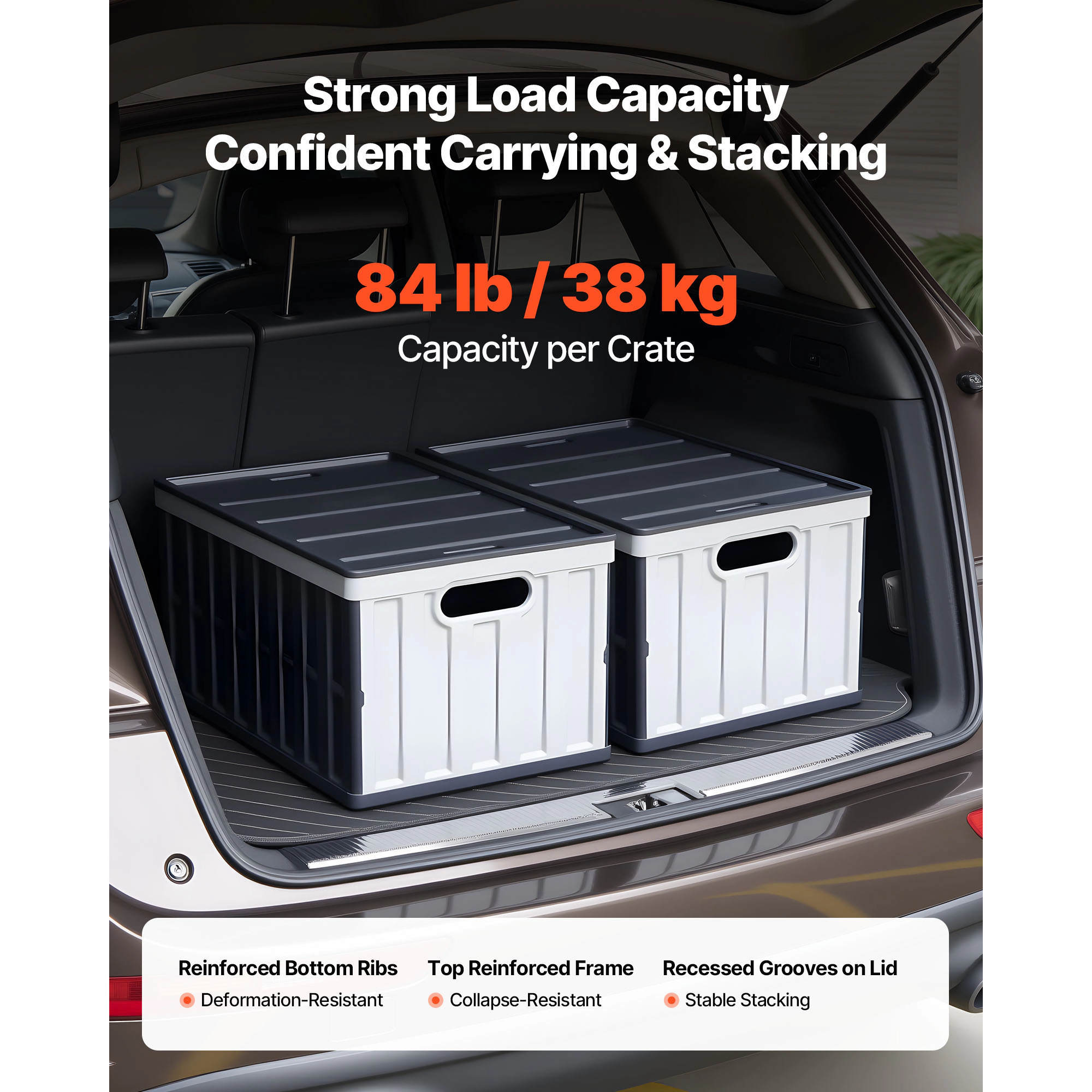 HONGGE Plastic Collapsible Storage Bins with Lids 65L Stackable Folding Storage Crates with Handles Holds 84 lbs Per