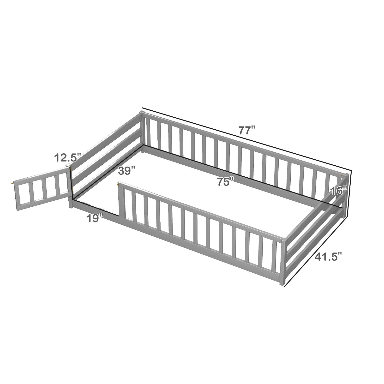 SUGIFT Lockable Door and Full-Length Fence Pine Wood Twin Kids Montessori Floor Bed