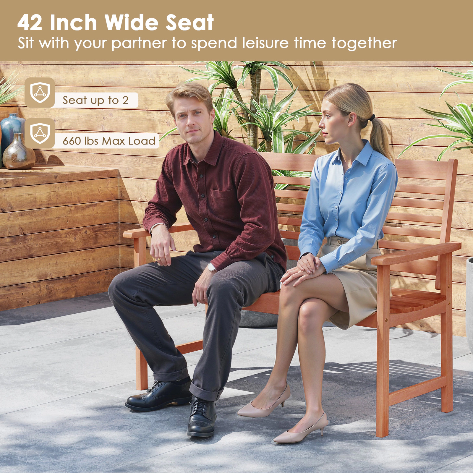SUGIFT Patio Loveseat Outdoor 2-Seat Bench with Inclined Backrest and Slatted Seat 660-lb Capacity Teak