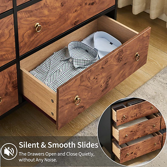 BebreezChic 6 Drawer Wide Dresser 47"L ×14"W ×32"H Bedroom Storage Chest, Burl Wood & Black Finish