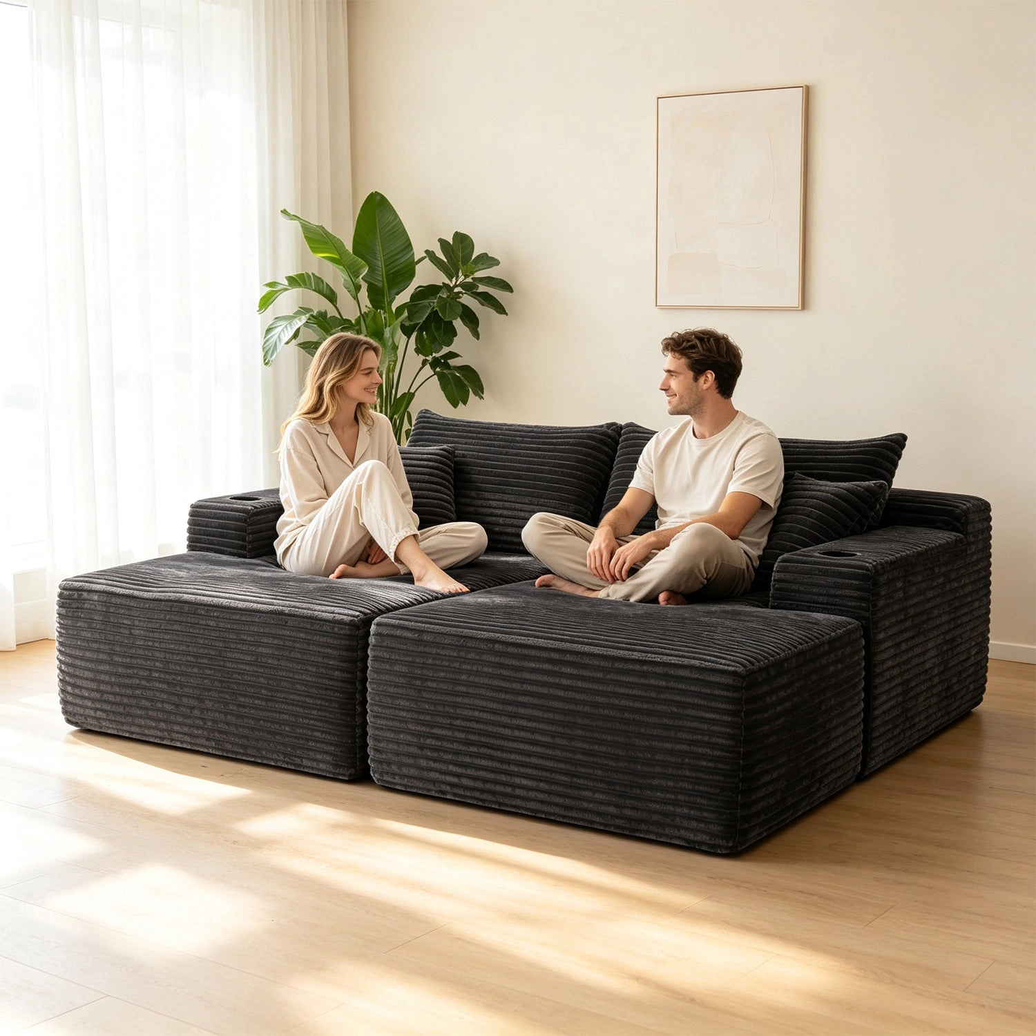 GBruno Plush Fabric Sectional Sofa With Double Chaise