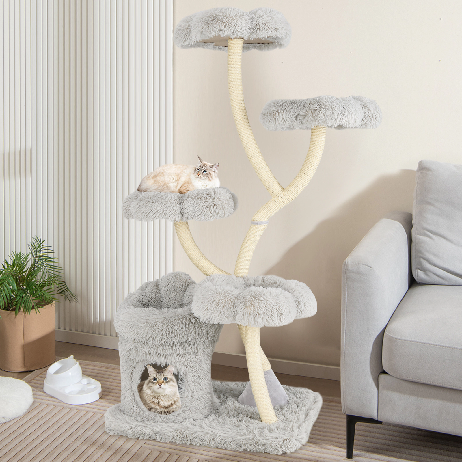 LJG Freestanding Cat Tower with Four Flower-Shaped Platforms and Sisal Scratching Posts