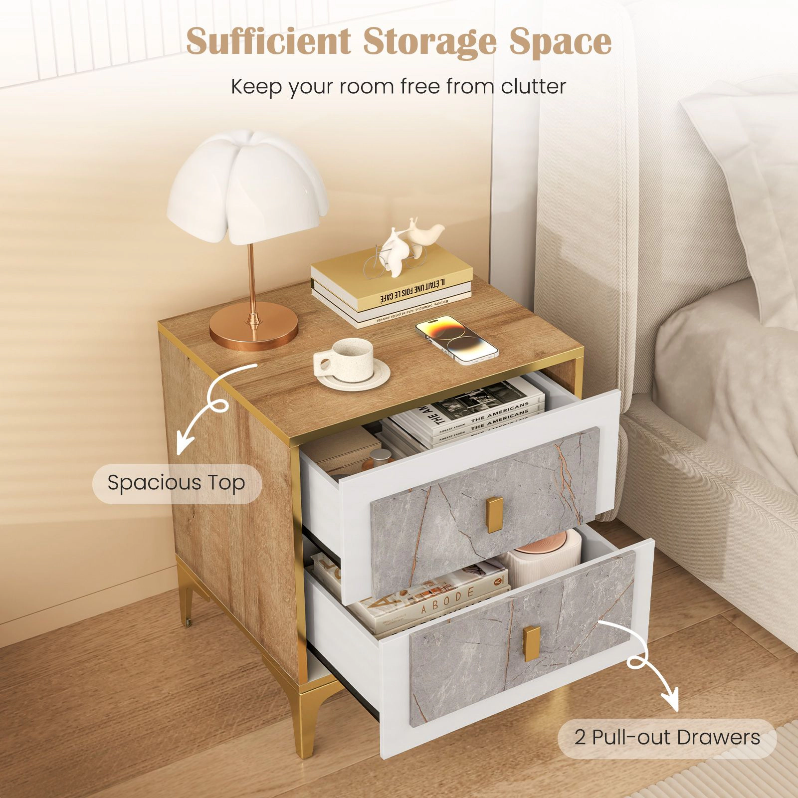 SlickBlue Modern Nightstand with Two Drawers and Metal Legs