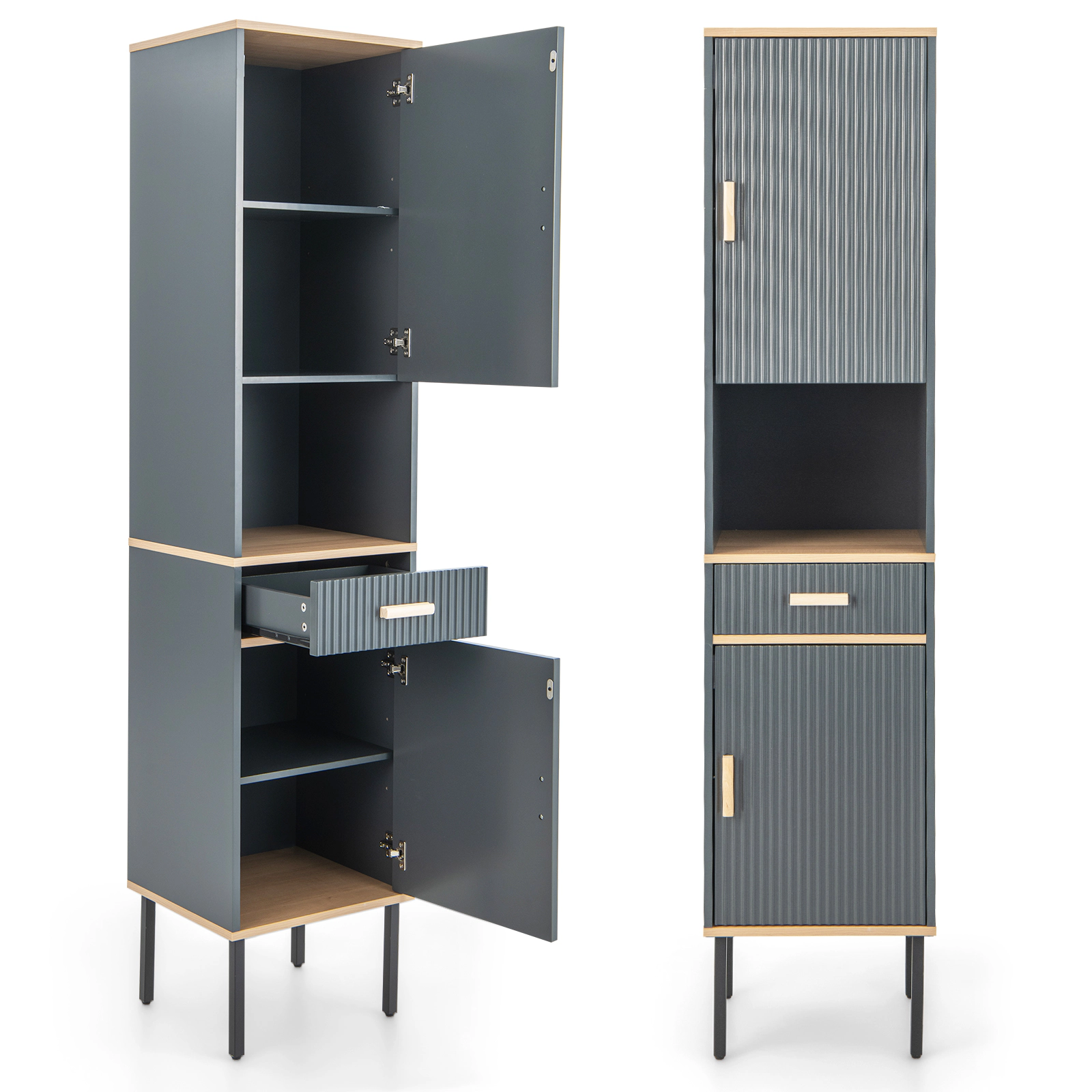 Slickblue Tall Slim Bathroom Storage Cabinet Gray MDF Metal Legs Drawer Adjustable Shelves
