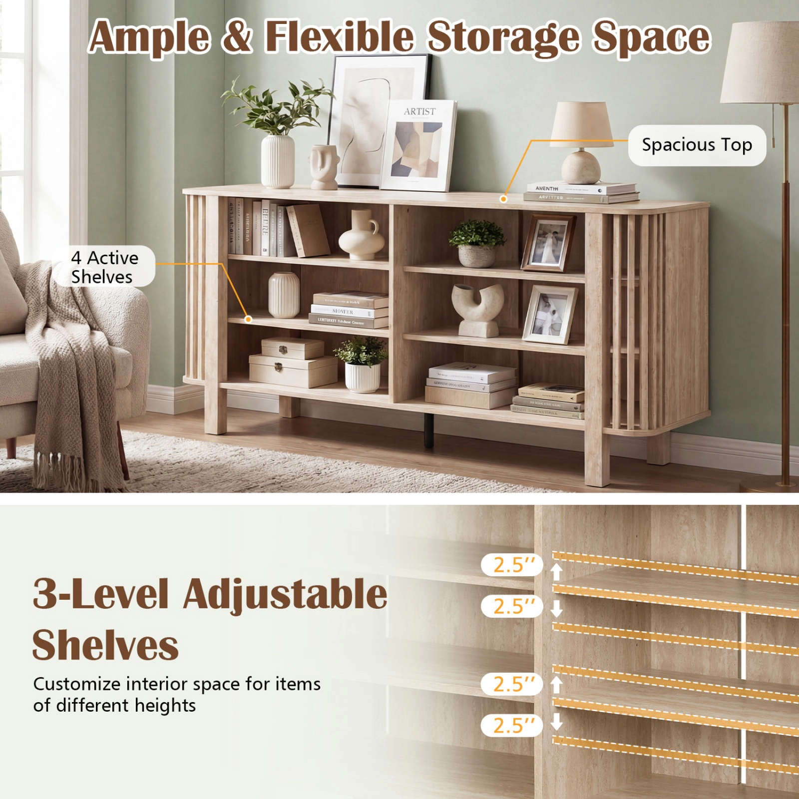 SUGIFT 59-In Natural TV Stand for TVs Up to 55 In, 5-Leg Base, Adjustable Shelves