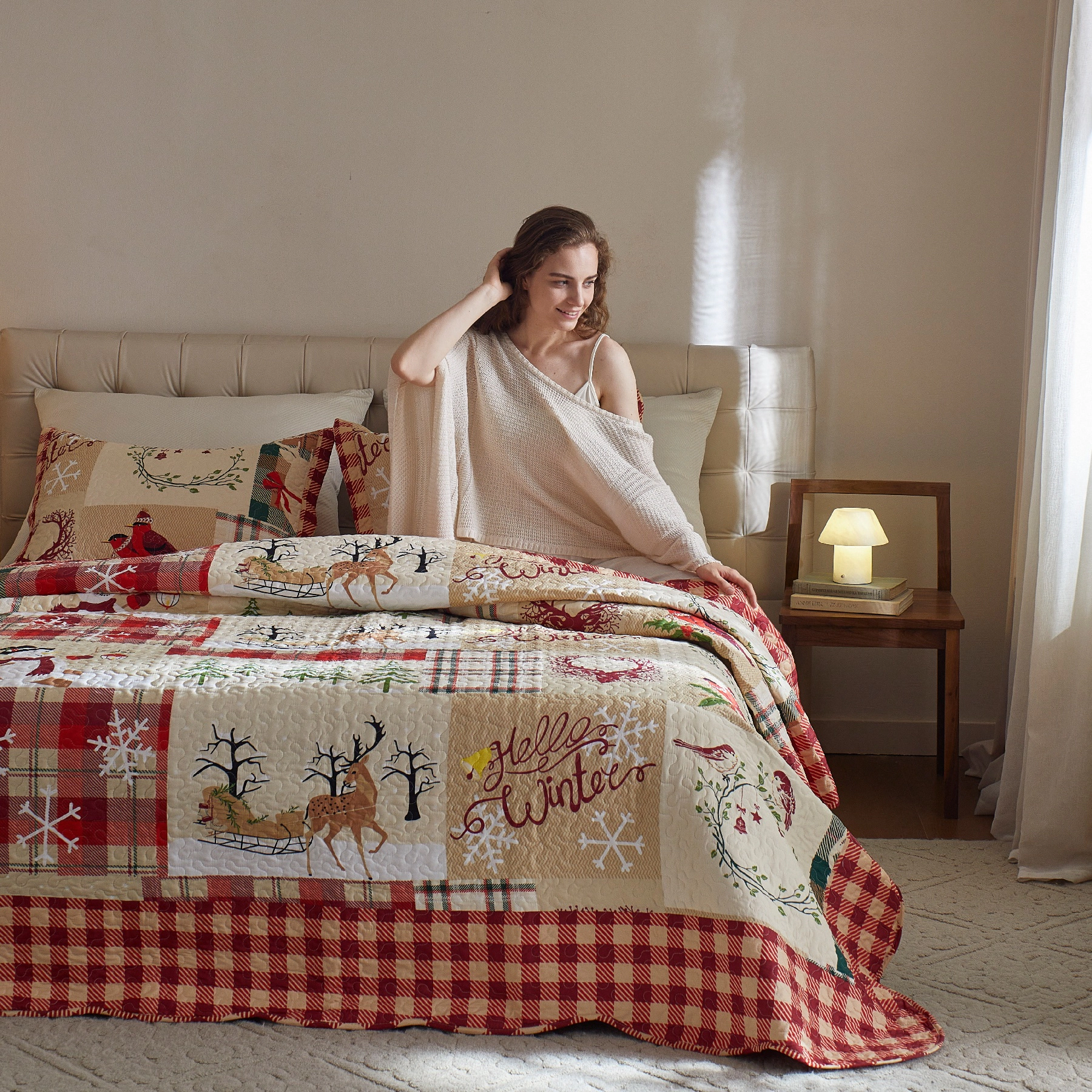 MarCielo 3 Piece Christmas Quilt Bedspread Set, Rustic Lodge Deer Plaid Coverlet Set Lightweight