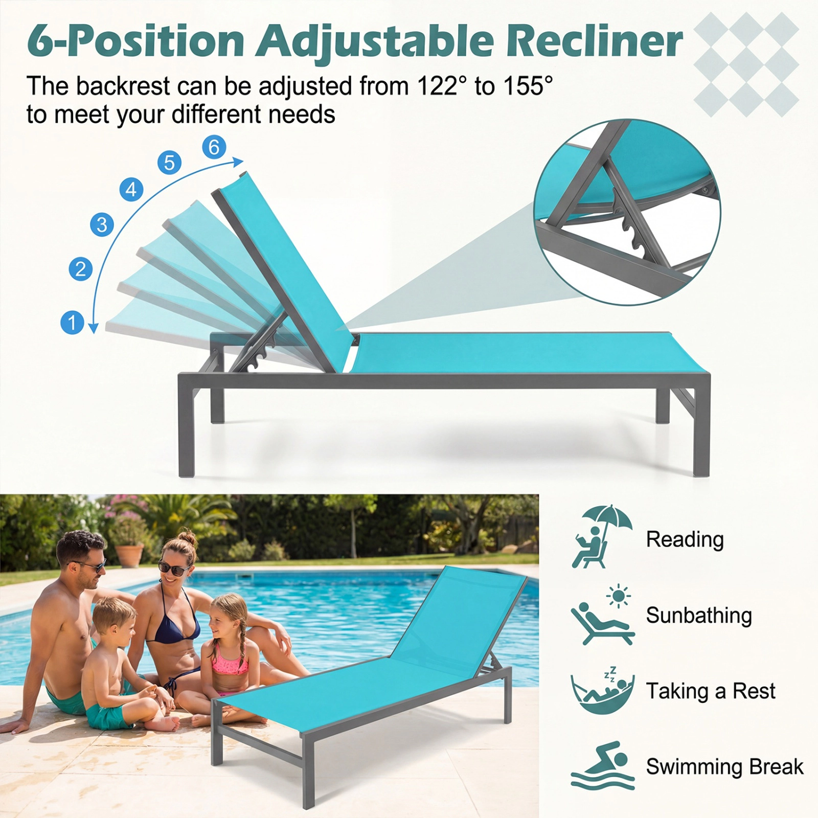 SUGIFT 6-Position Adjustable Chaise Lounge Chair with Rustproof Aluminum Frame 300-lb Capacity 78-in Length Turquoise