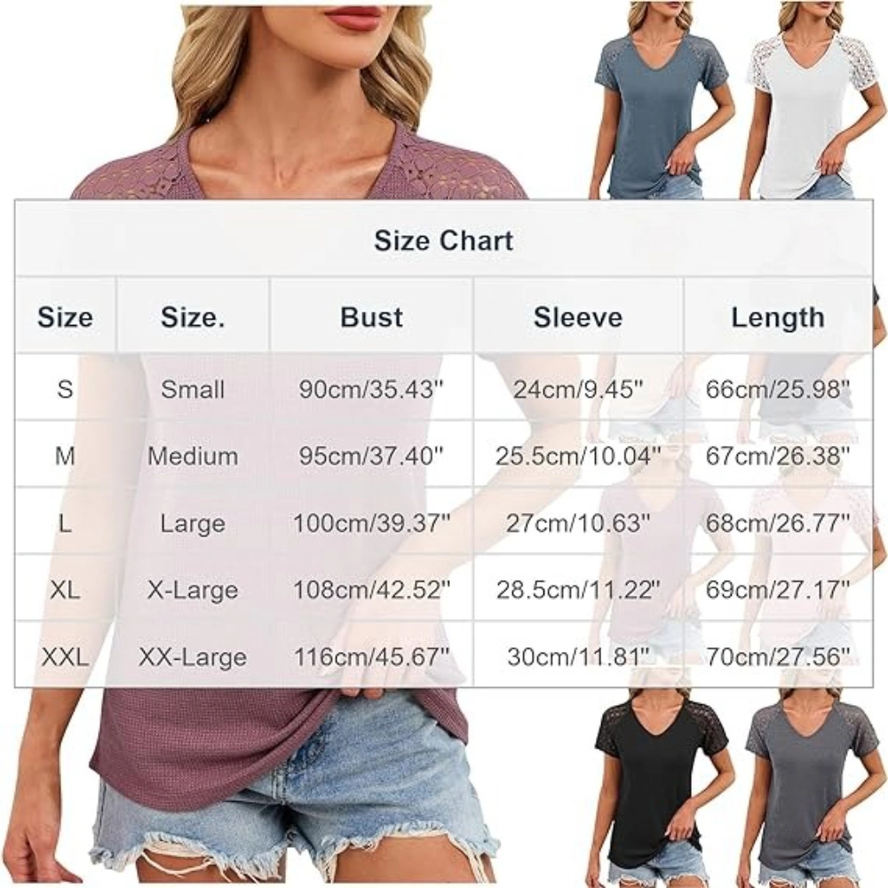 Enchanted Funland Womens V‑Neck Waffle Knit Crochet Lace Raglan Short Sleeve Tops