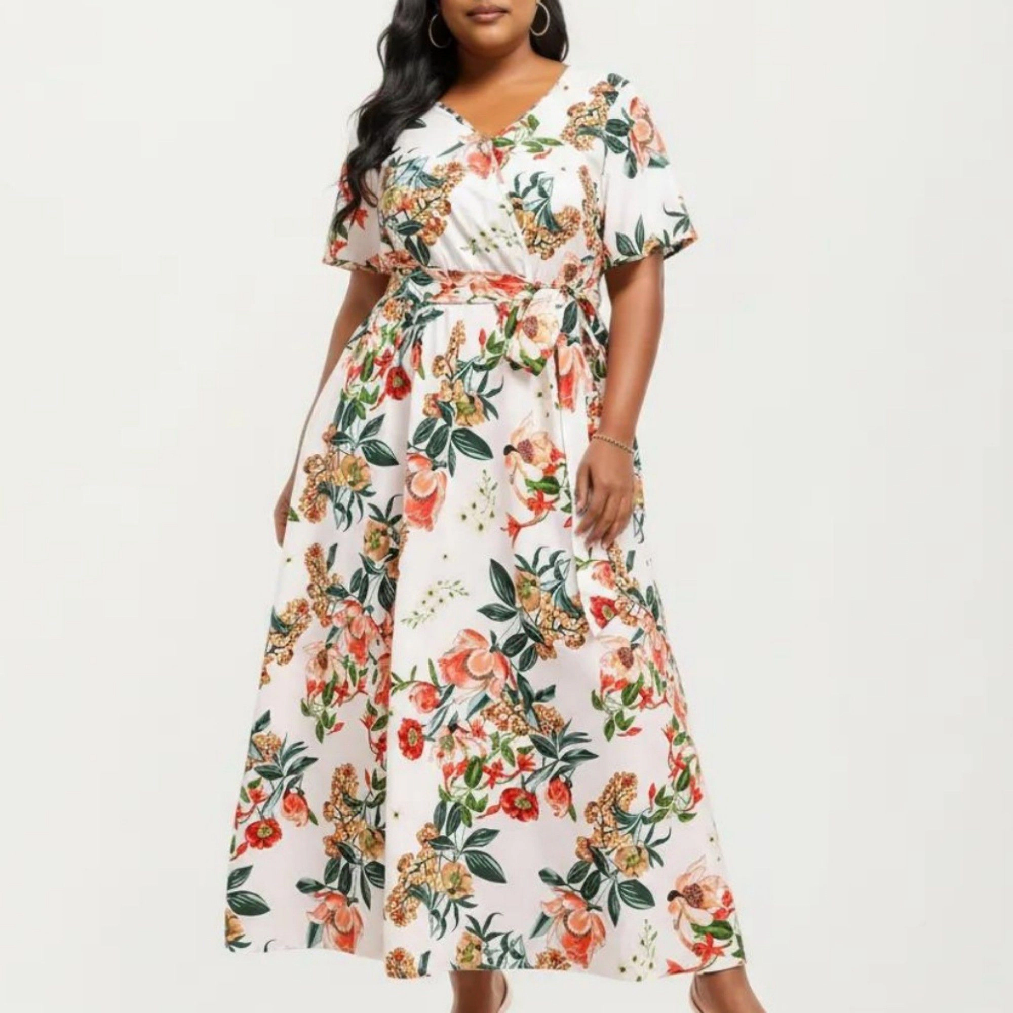 Anna-Kaci Women's Short Sleeve V Neck Floral Print Waist Tie Flowy A Line Long Maxi Dress