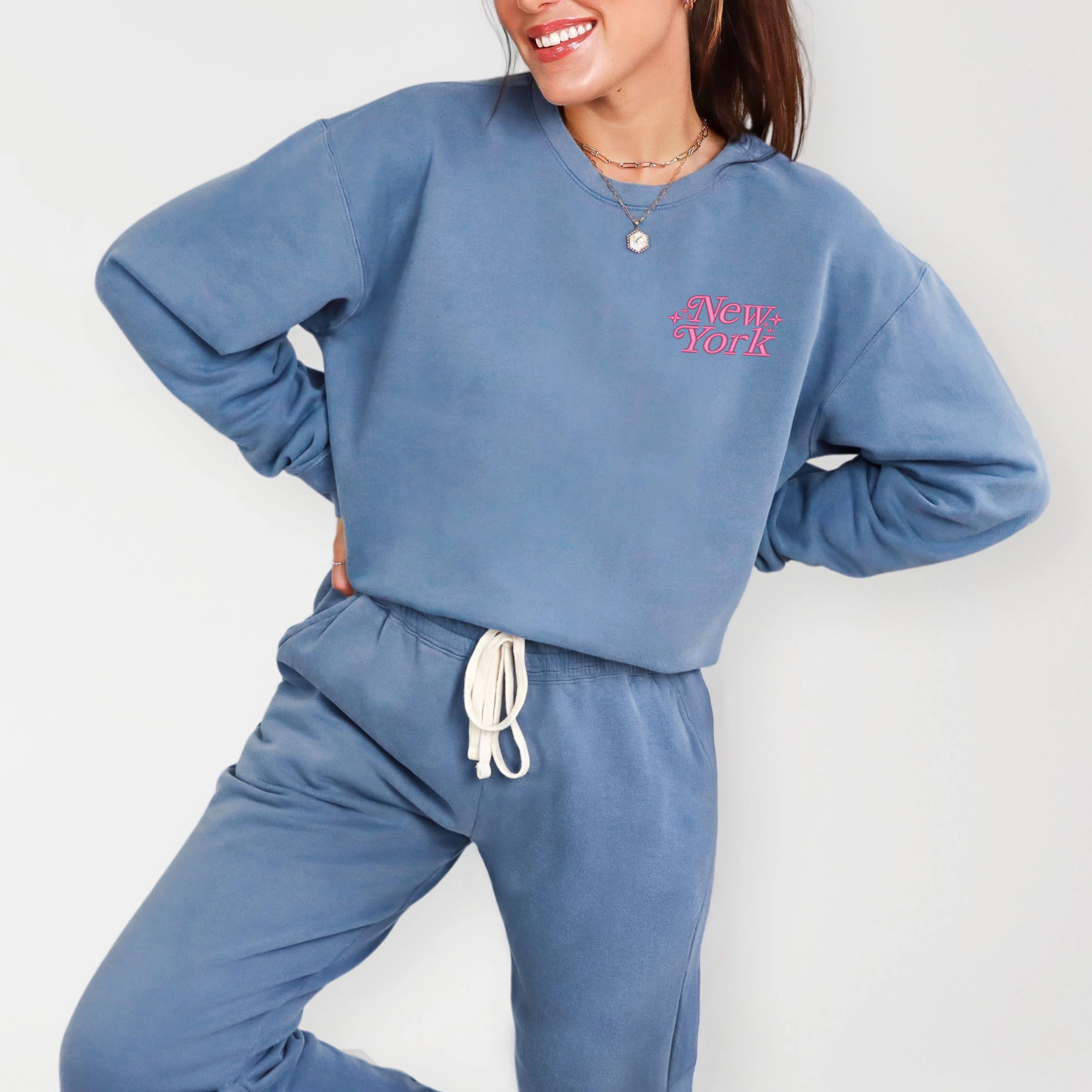 Simply Sage Market - Embroidered New York Stars Women's Lightweight Garment Dyed Sweatshirt
