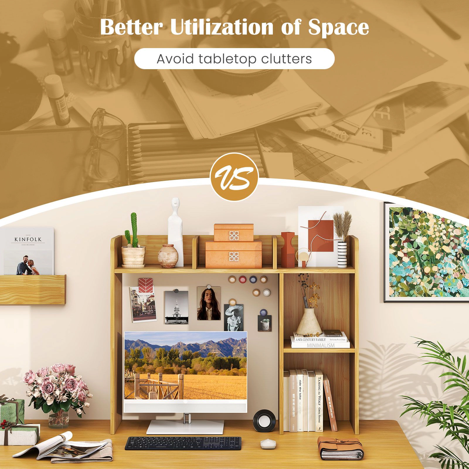SlickBlue Desk Bookshelf With 3 Storage Shelves And Compartments