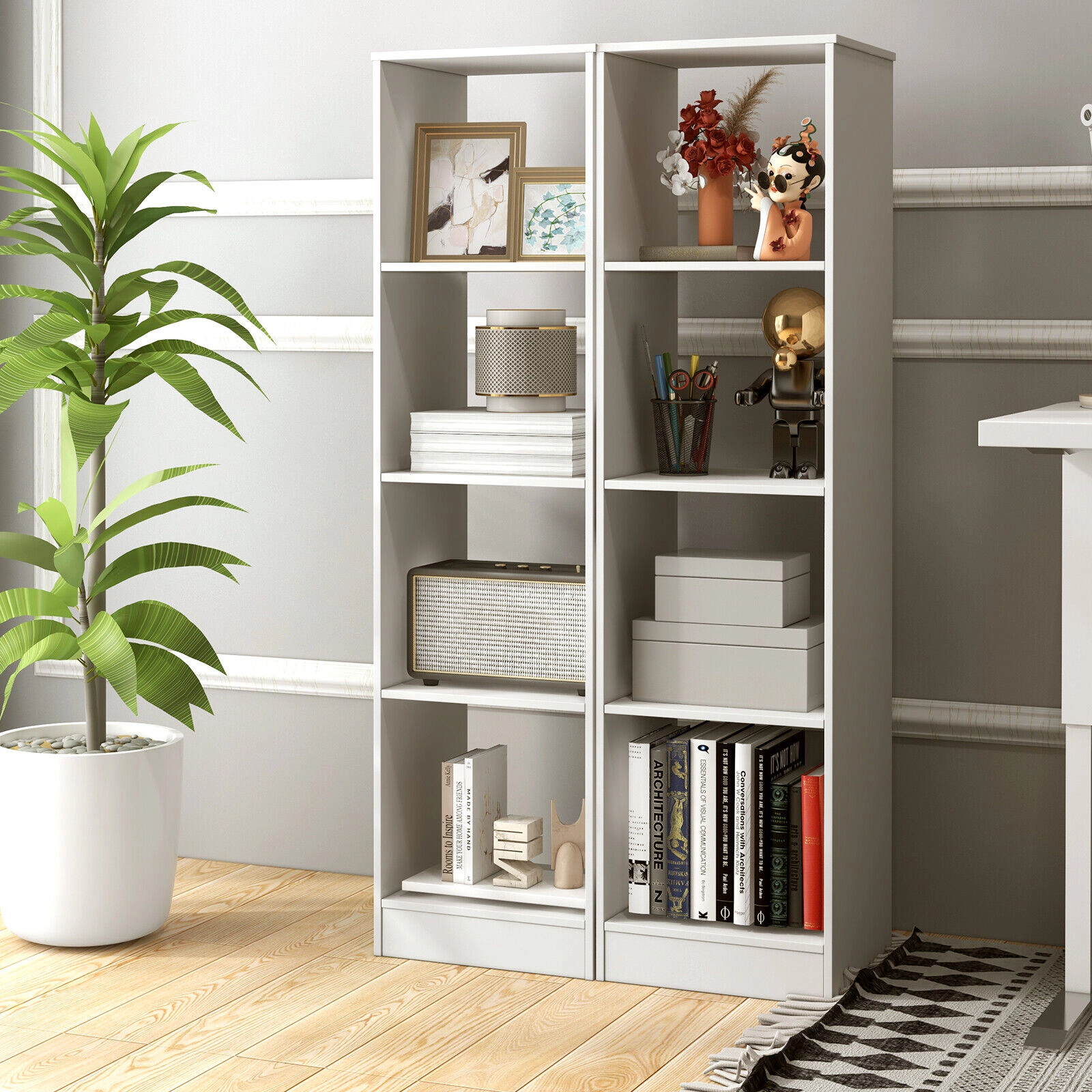 SUGIFT 5-Tier 4-Cube 56-in Tall Narrow Bookshelf with 4 Anti-Tipping Kits and 33-lb Tiers for Small Spaces