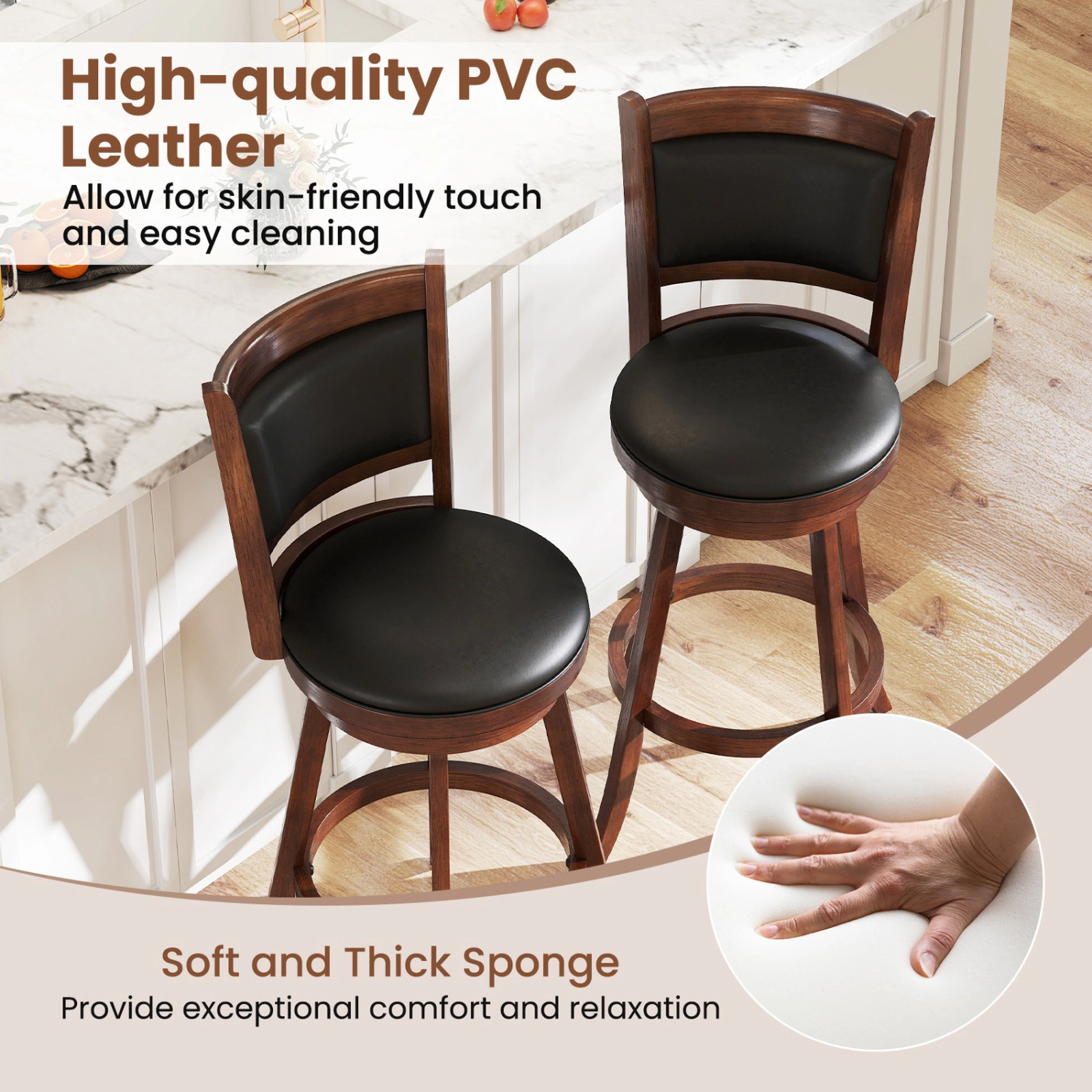SUGIFT Set of 2 29-Inch Swivel Bar Stools, Rubber Wood Frame, Cushioned PVC Seat, Panel Back