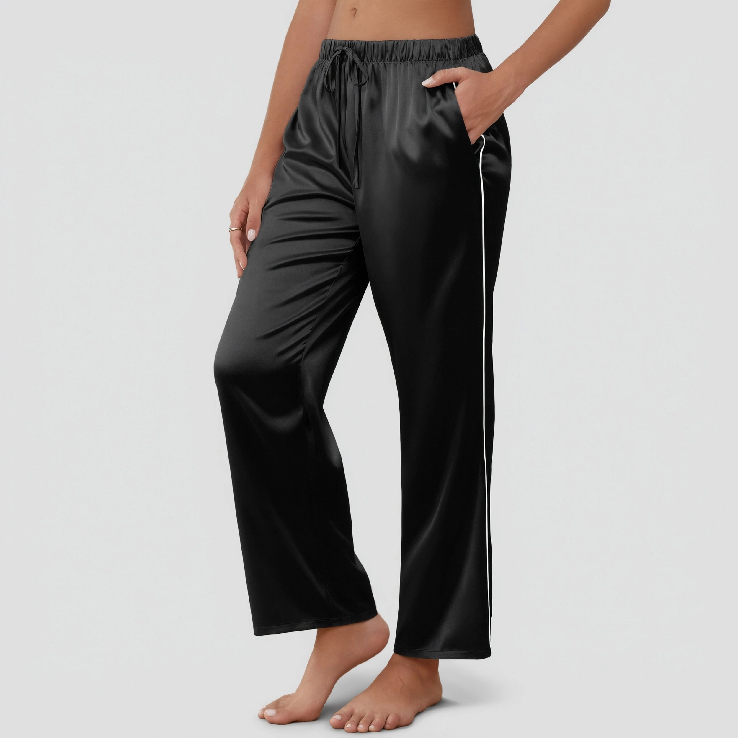 Ekouaer Womens Silk Satin Pajama Pants Loose Drawstring Elastic Waist Wide Leg Lounge