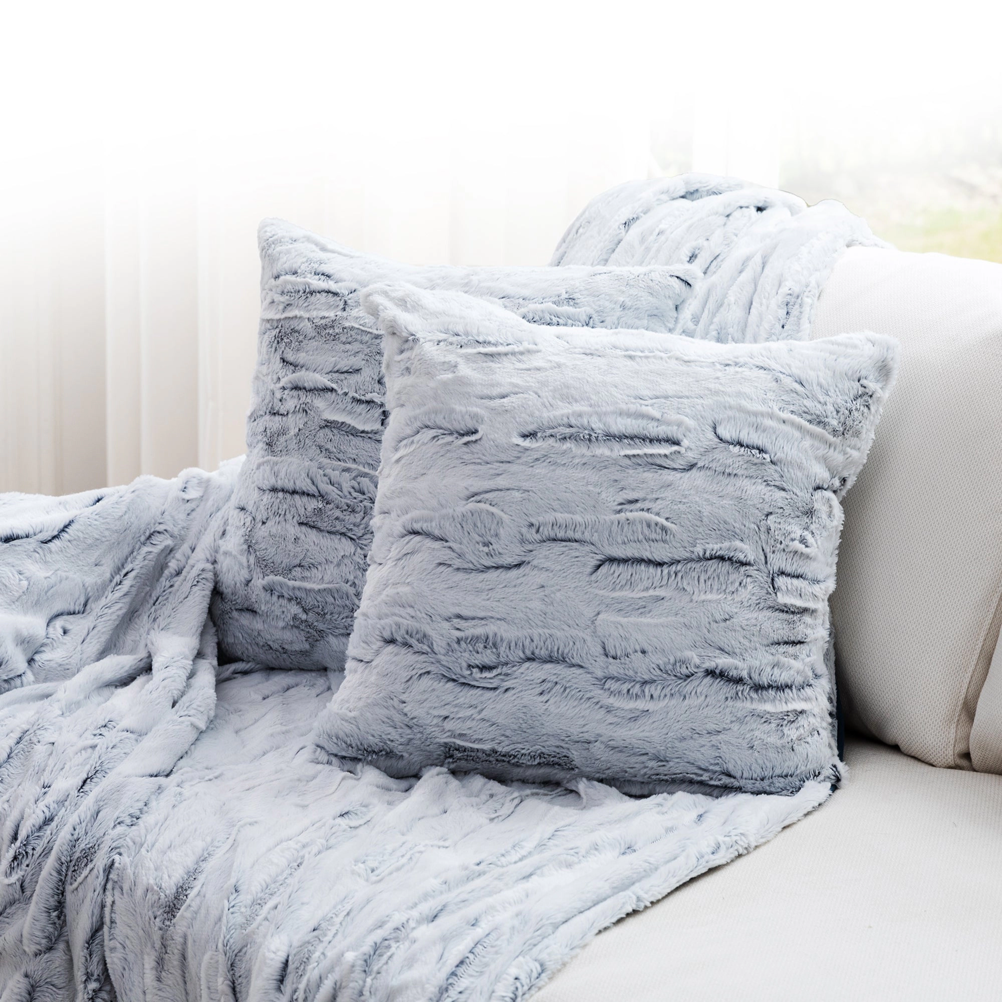 Cheer Collection Set of 2 Embossed Faux Fur Snow Leopard Throw Pillows, 18"