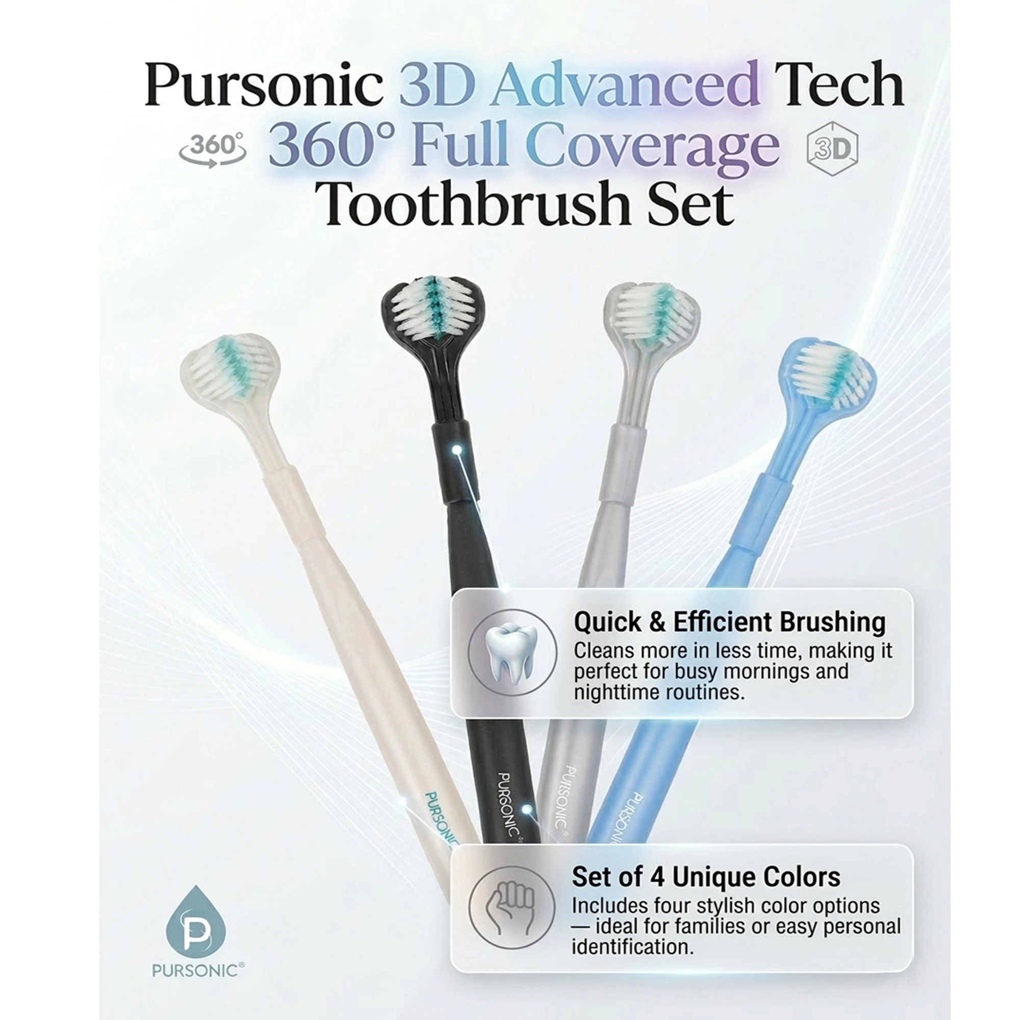 Pursonic Unisex 3D Advanced Tech 360° Full Coverage Toothbrush Set