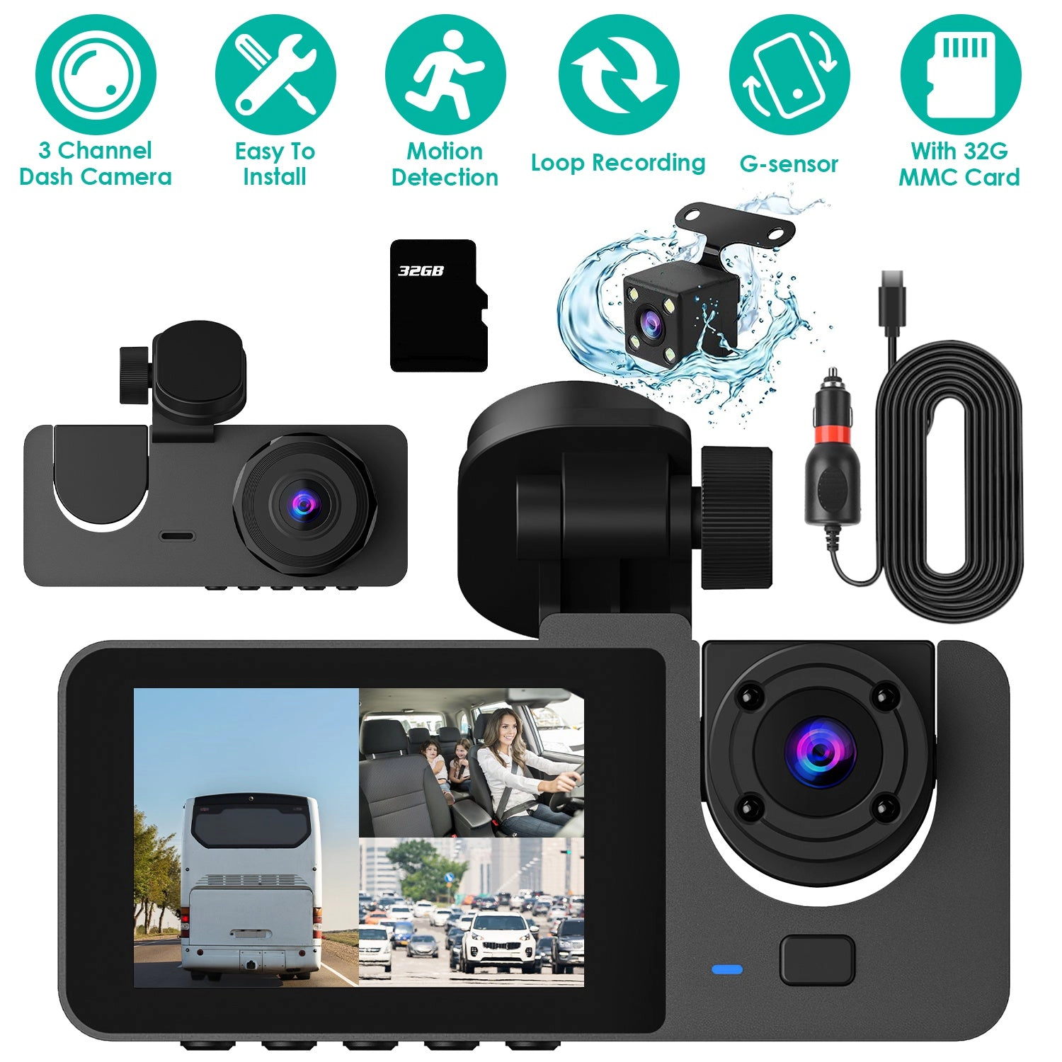 GBruno 3-Channel Dash Cam With 32GB Card