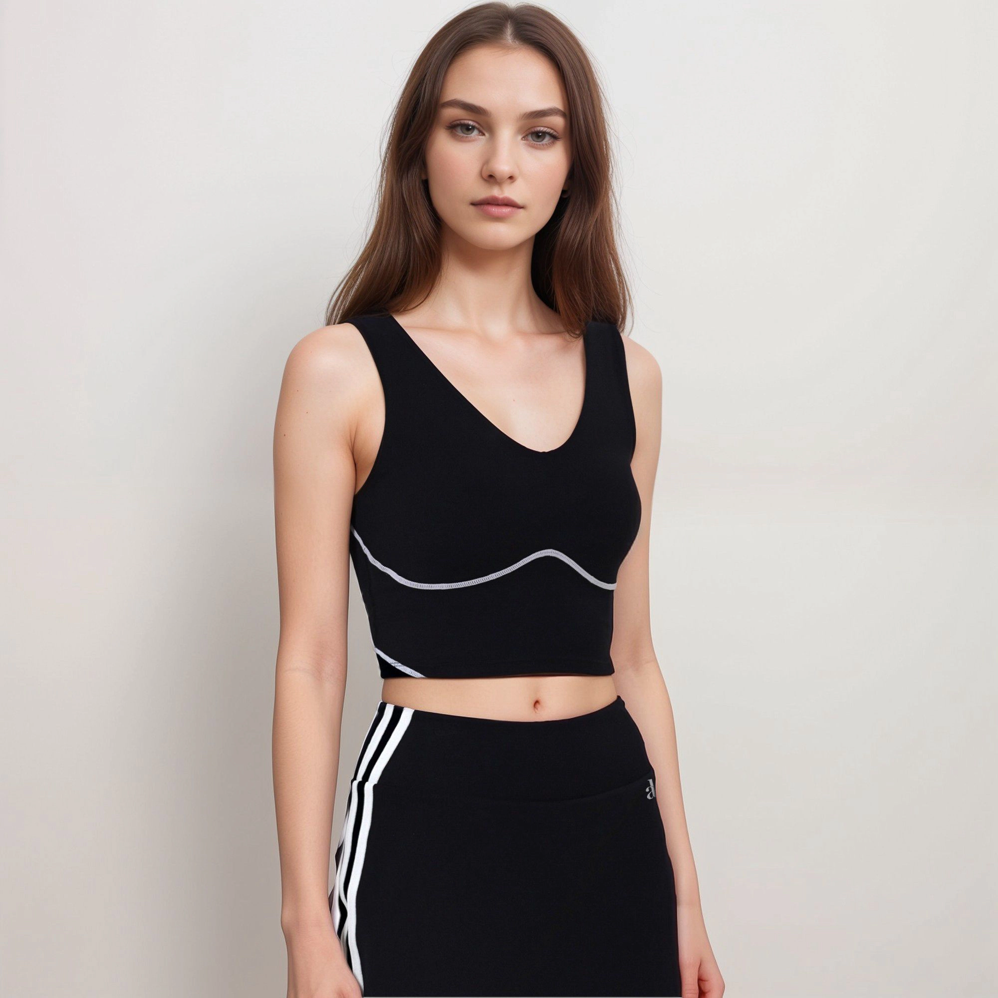 Anna-Kaci Women's Seamless V-Neck Crop Top with Contour Stitching and Contrast Piping Detail