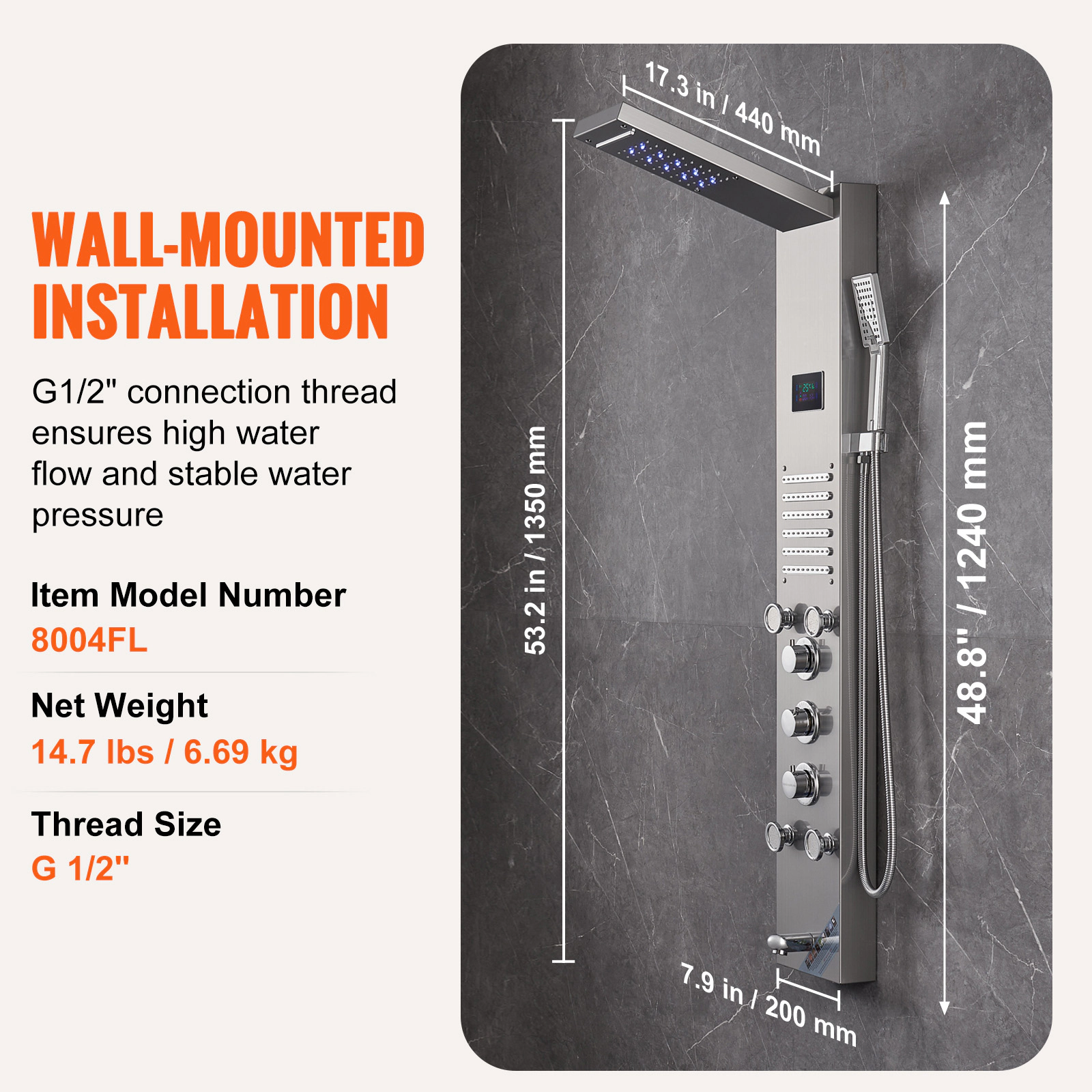 HONGGE 6-Mode LED Shower Tower Panel, Rainfall, Waterfall & 5 Massage Jets