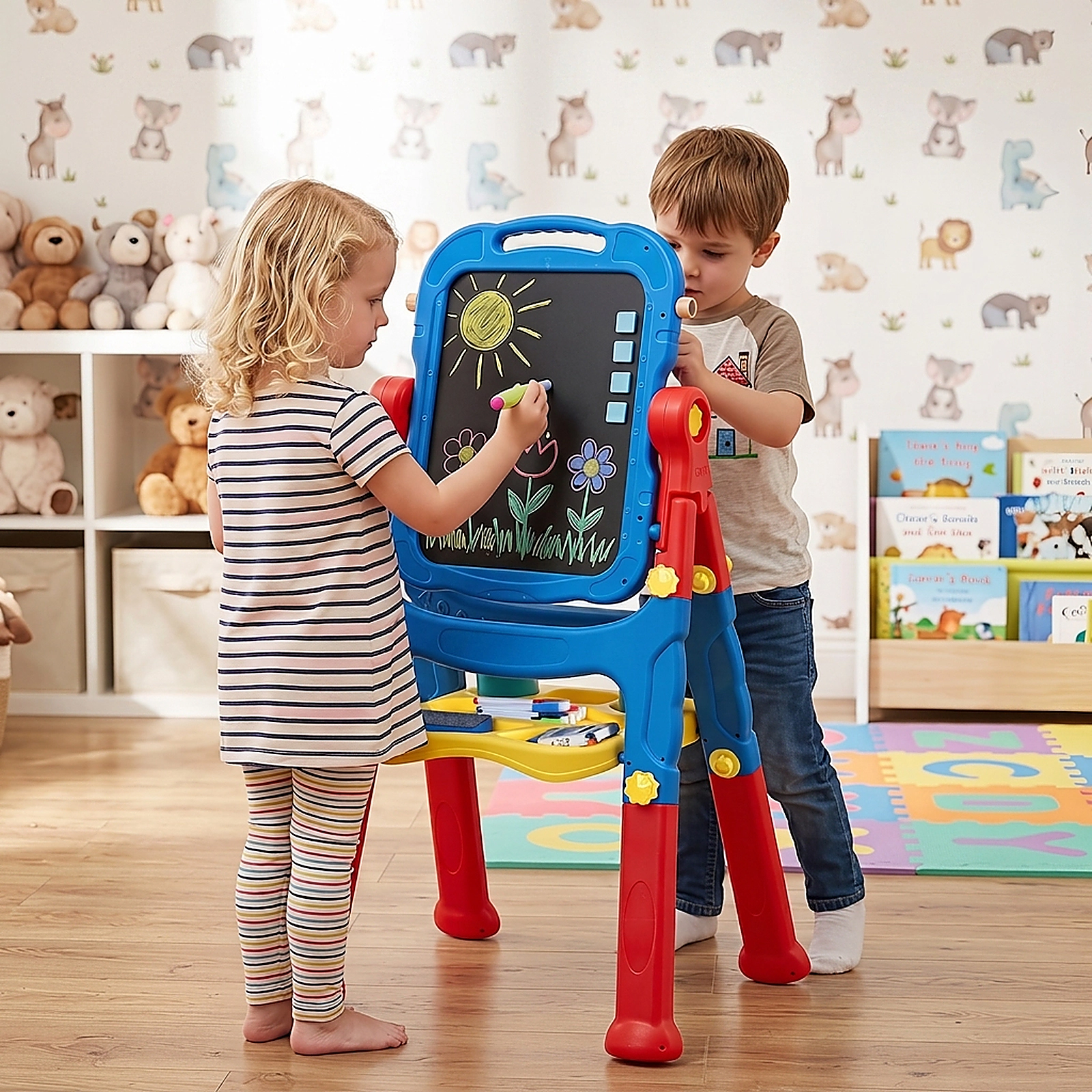 SUGIFT 4-in-1 Adjustable Height Art Easel for Kids Ages 3+ Blue & Red/Blue/Peach Fuzz
