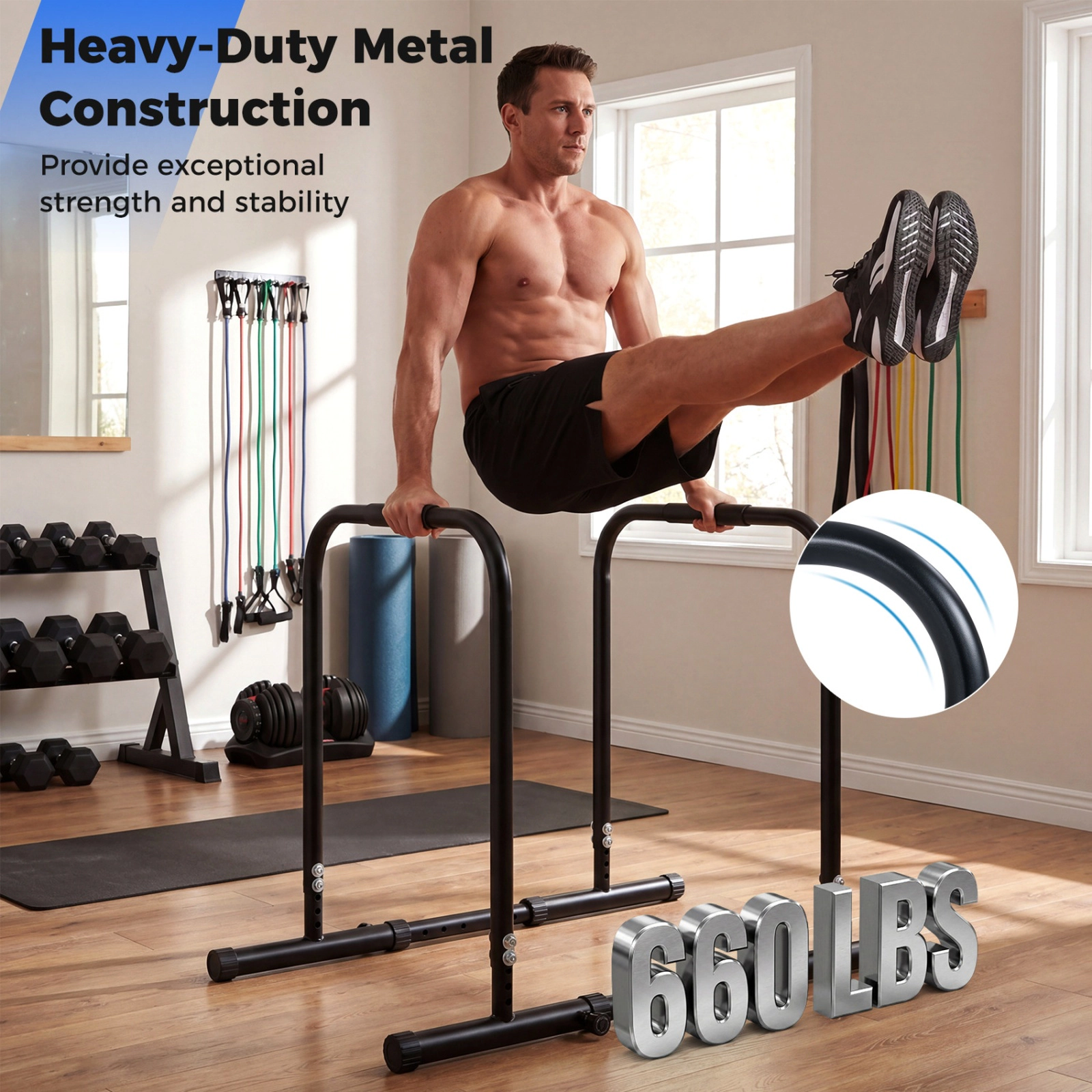 SUGIFT 330-lb Capacity 4-Level Height and 5-Width Adjustable Dip Bar Station with Foam Padded Handles