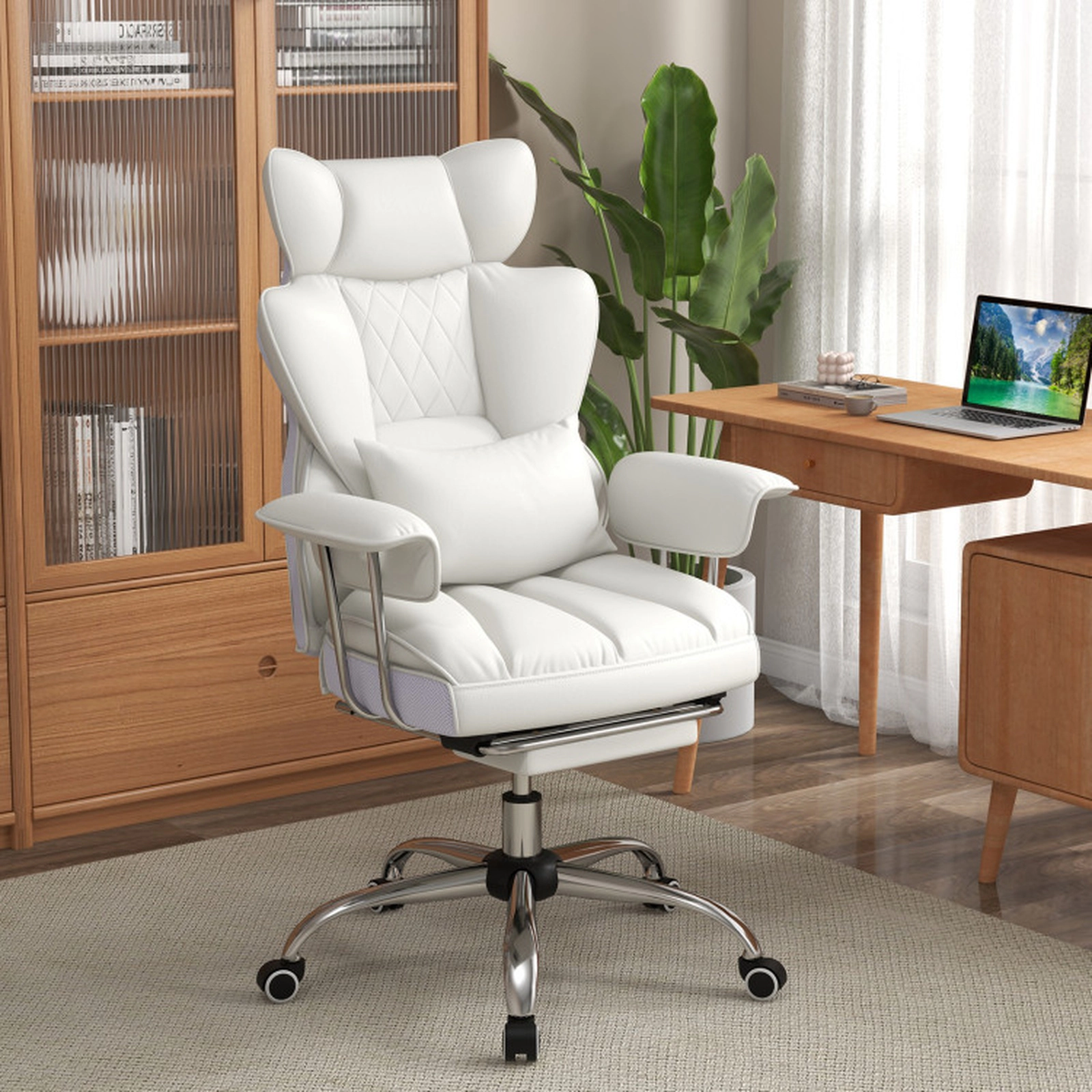 SUGIFT High Back Retractable Footrest PU Leather Executive Office Chair 29-in x 27.5-in x 45-in 400-lb Capacity White