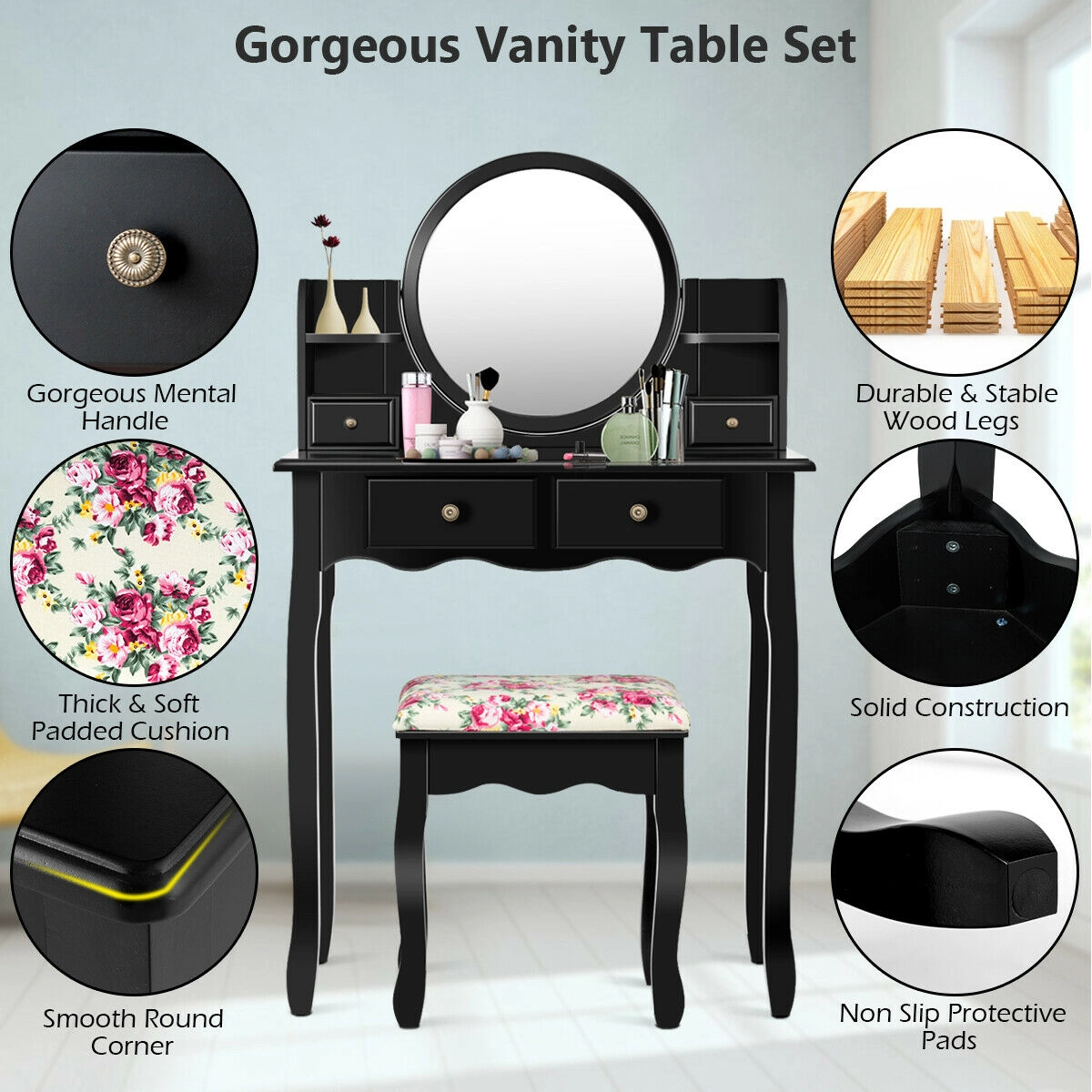 SUGIFT 4-Drawer Girls Makeup Vanity Dressing Table Set Oval Mirror & Stool 286-lb Dresser Capacity 242-lb Stool Capacity