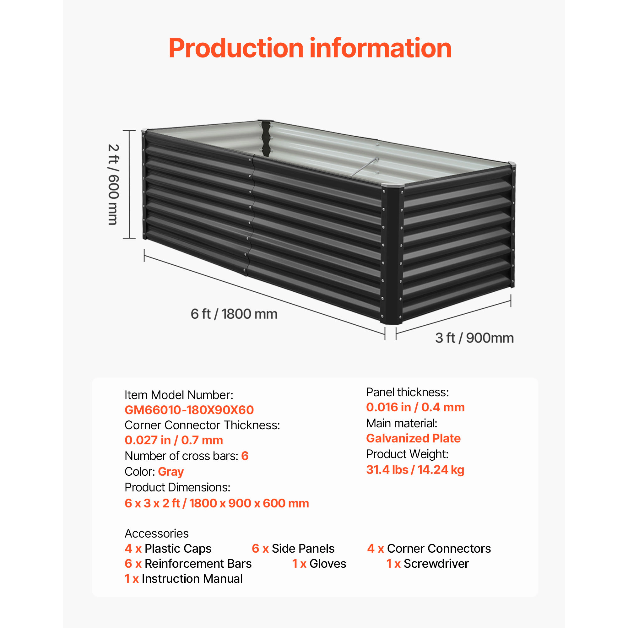 HONGGE 6x3x2 Ft Galvanized Raised Garden Bed, Dark Gray Metal Planter Box with Open Bottom Drainage Design