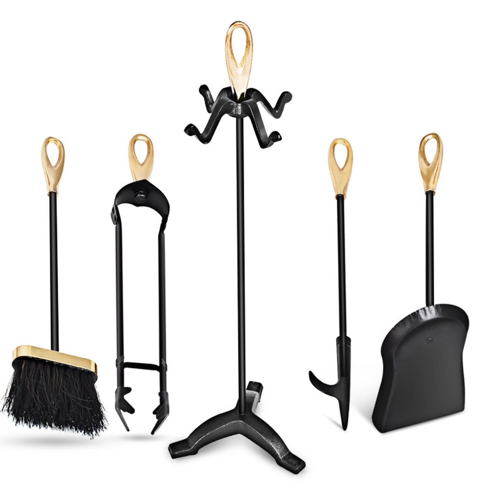 SUGIFT 5-Piece Gold and Black Iron Fireplace Tool Set with 25-Inch Loop-Top Stand
