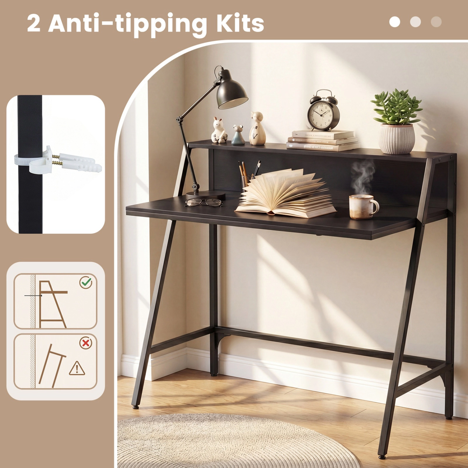 SUGIFT 31.5-in Industrial Writing Desk with Raised Shelf Metal Frame 220-Lb Capacity Rustic Brown/Black Small Desk
