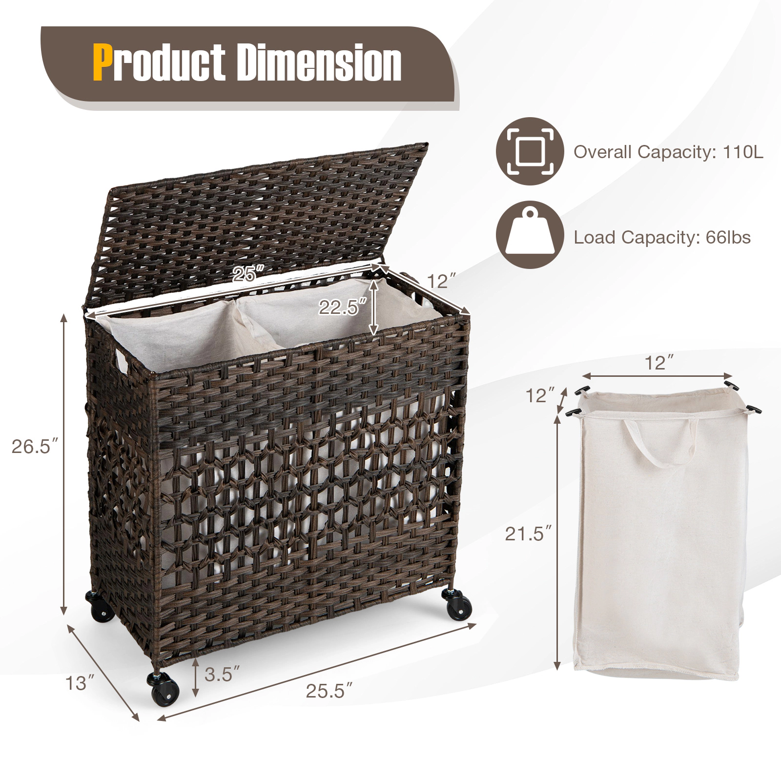 SUGIFT 110L 2-Section Laundry Hamper 2 Removable Washable Liner Bags 66-lb Capacity 25.5-in Tall Brown/Black/Natural