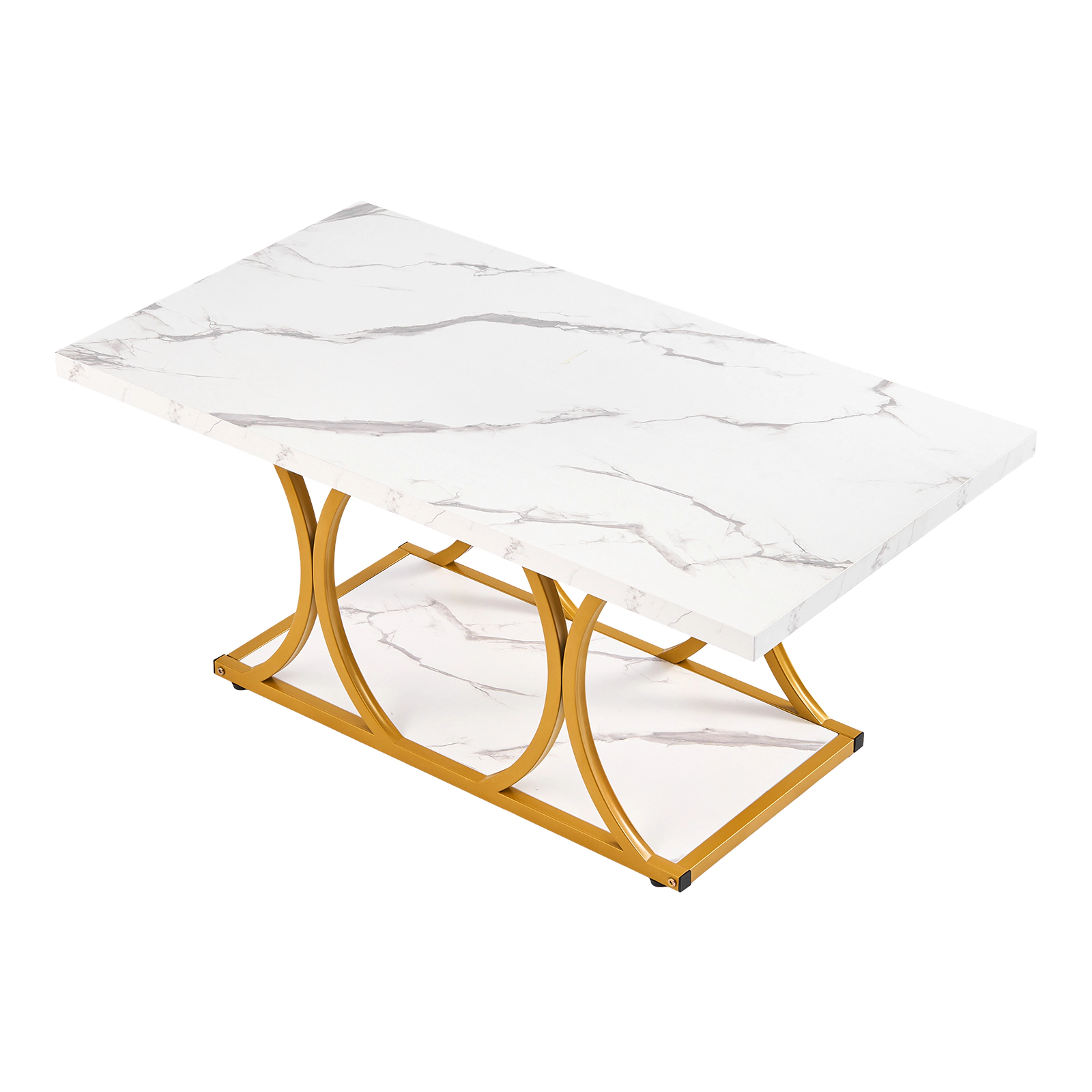 HONGGE Coffee Table Modern Faux Marble Coffee Table 2-Tier Rectangle Center Desk with Geometric Legs Minimalist Sturdy