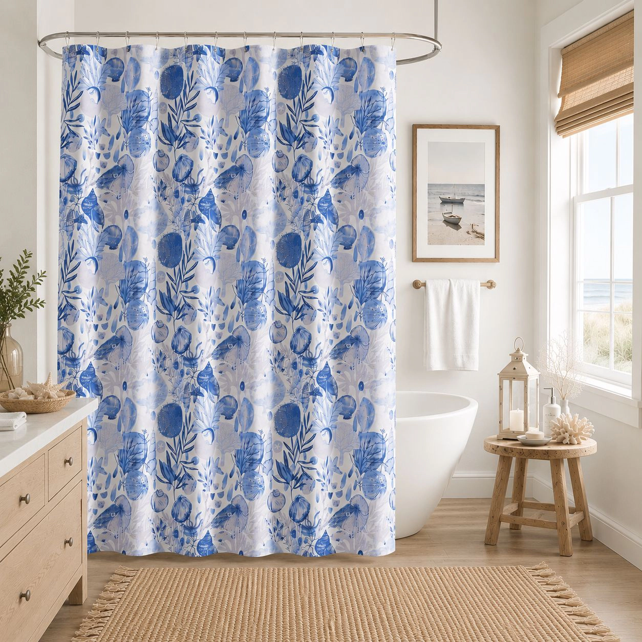 Kate Aurora Nantucket Harbor Blue Coral & Seashells Fabric Shower Curtain