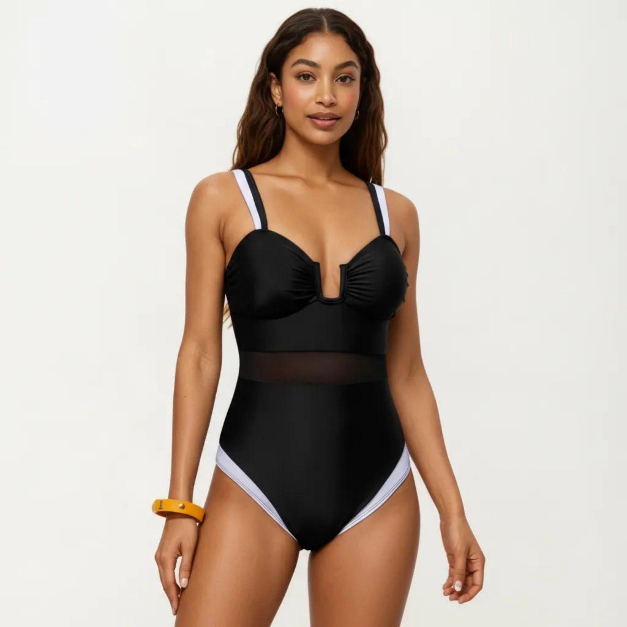 Anna-Kaci Women One Piece Swimsuit - U Neck, Sheer Waist Panel, Contrast Strap Detail