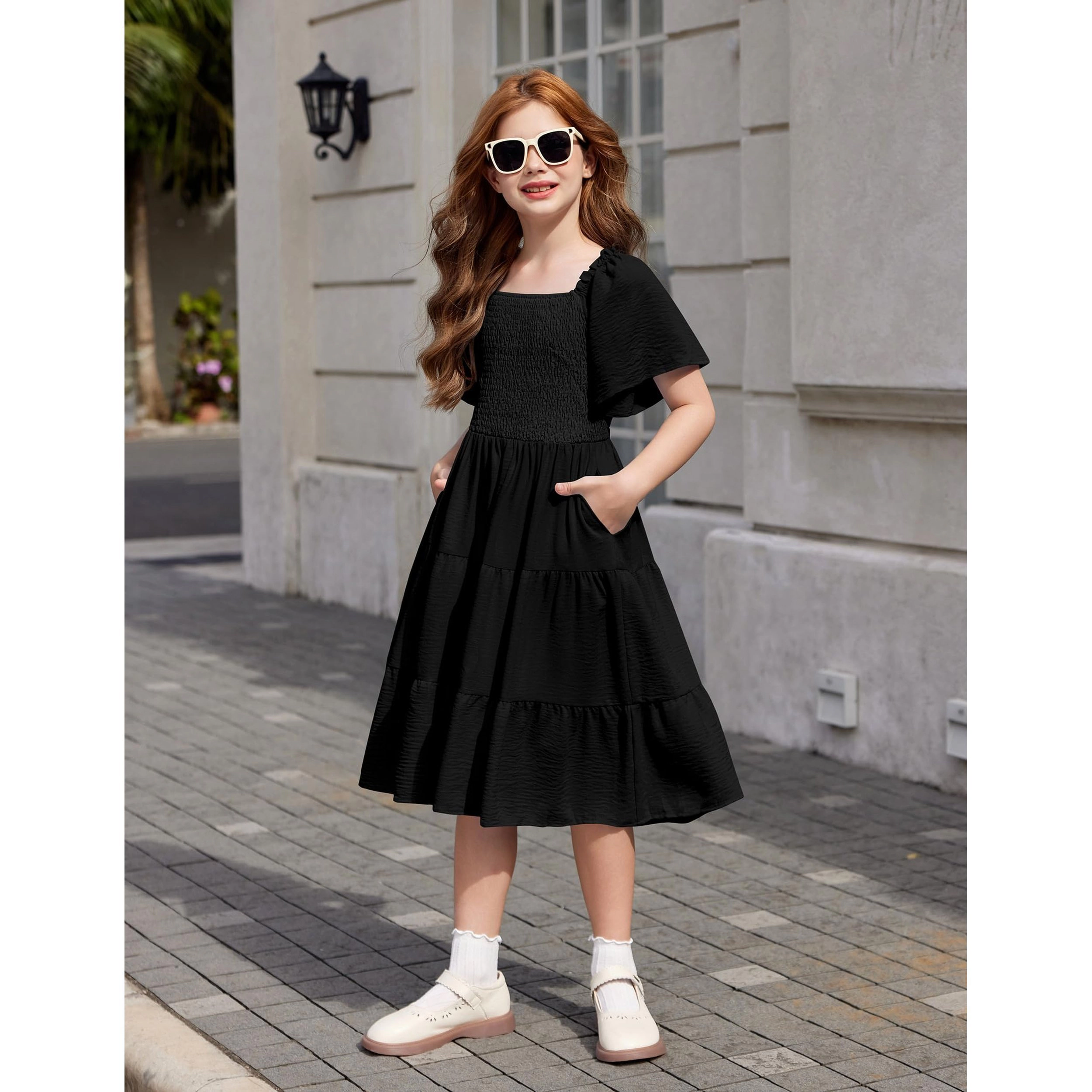 Arshiner Tween Girl Easter Summer Dresses Beach Casual Smocked Ruffle Midi Dress