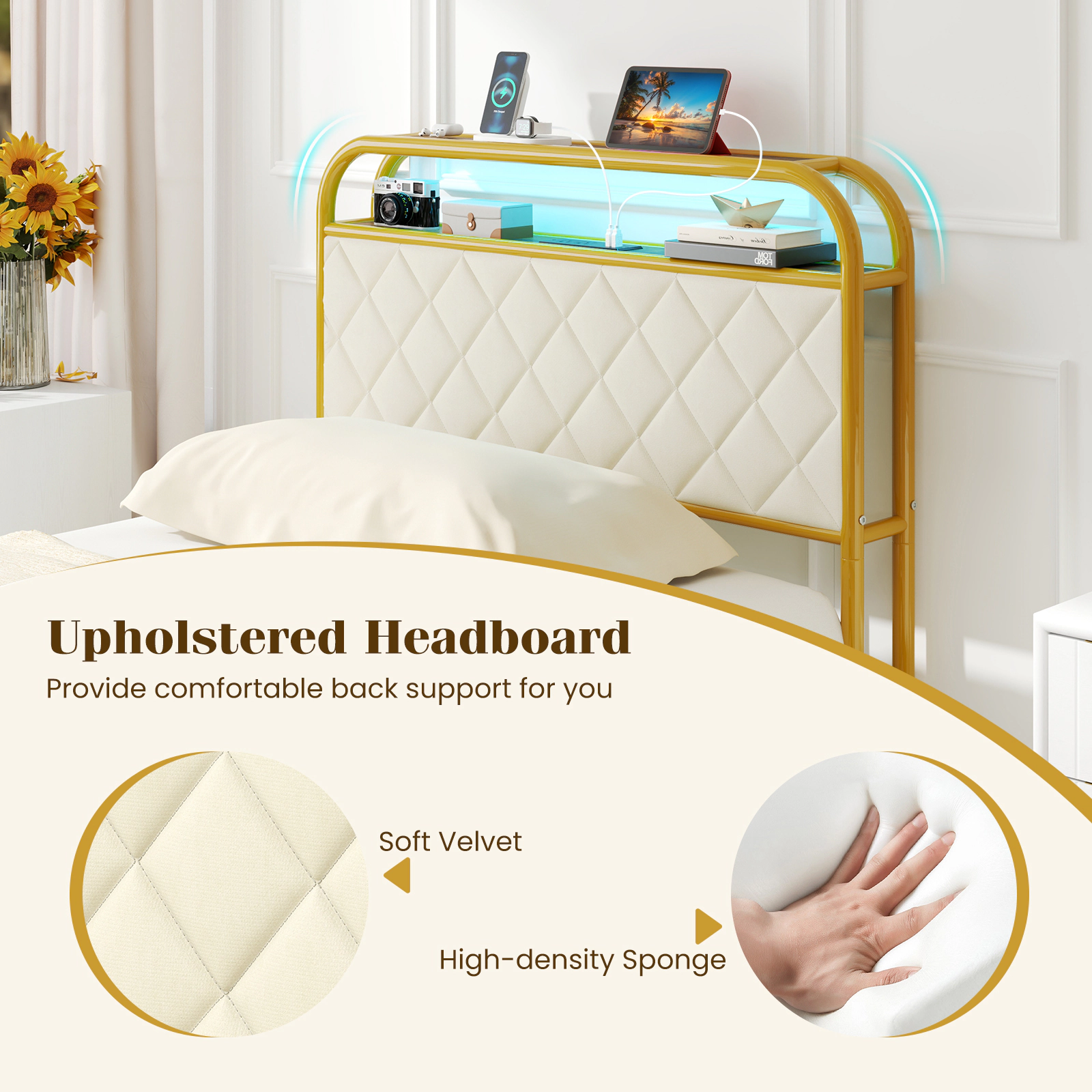 SUGIFT Twin Size Upholstered Bed Frame with LED Lights, Charging Station & Storage Drawers 440-lb Capacity Black/Golden
