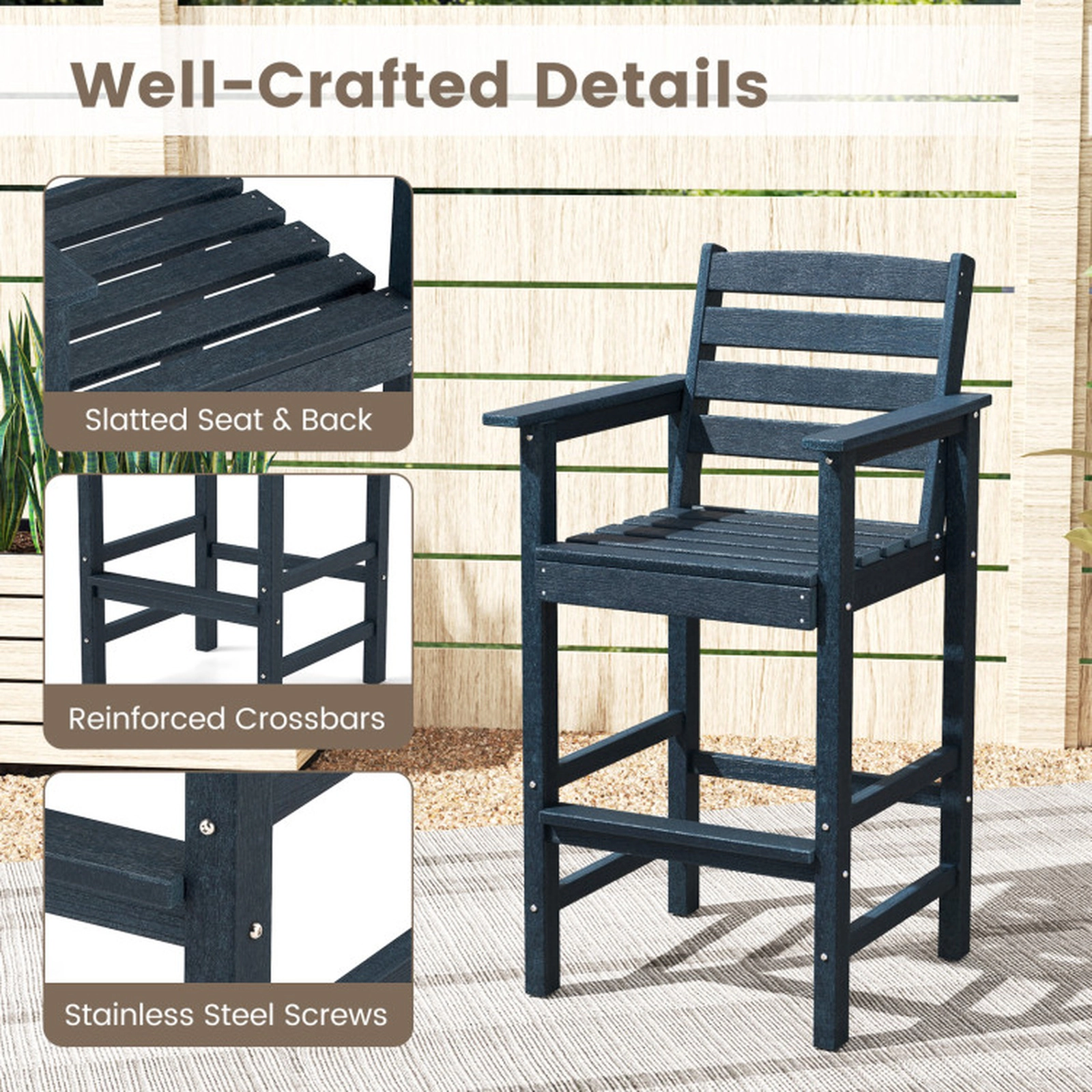SUGIFT Adirondack Patio Bar Chairs Set 330-lb Capacity Navy