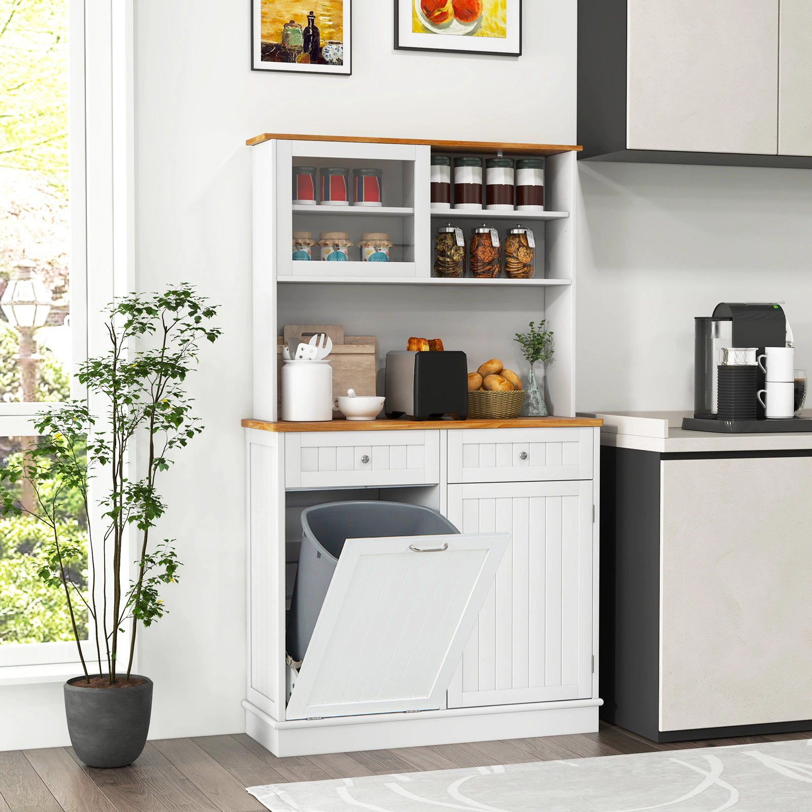 LJG Double Tilt Out Trash Cabinet with Hutch and Rubber Wood Countertop