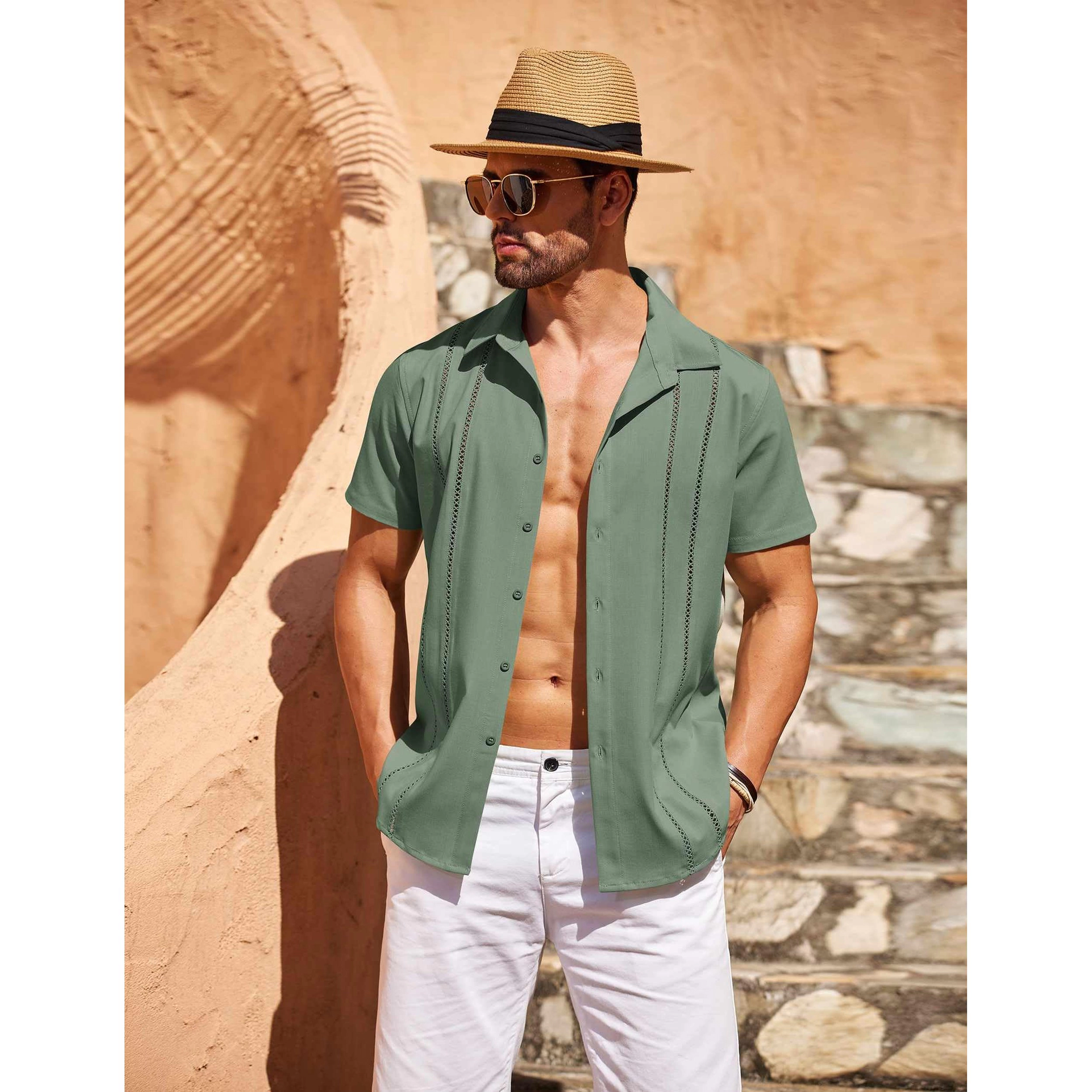 COOFANDY Mens Short Sleeve Button Down Shirts Dressy Lace Stripe Casual  Tops