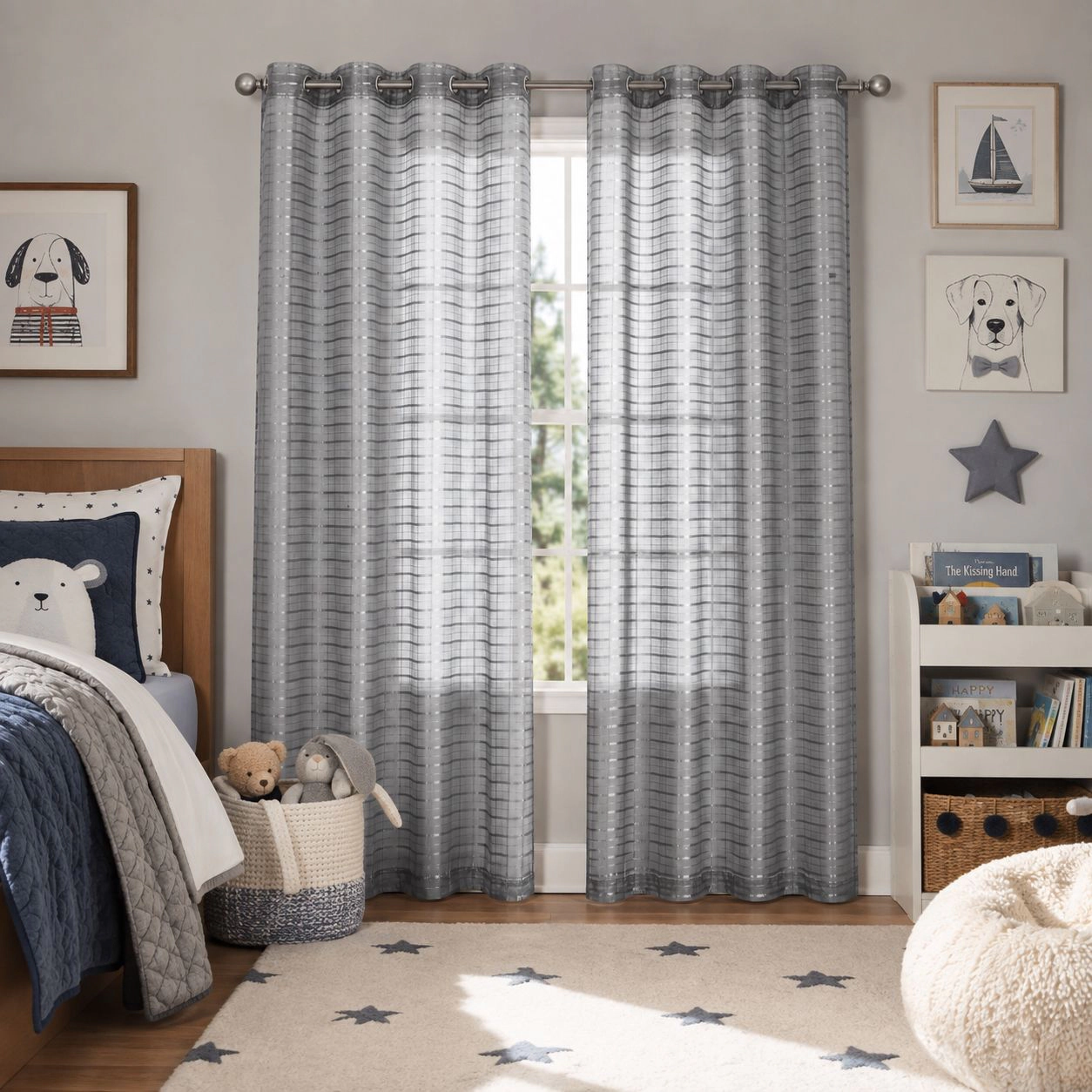 Kate Aurora 2 Piece Silver Plaid Grommet Top Sheer Window Curtain Panels - 84 in. Long