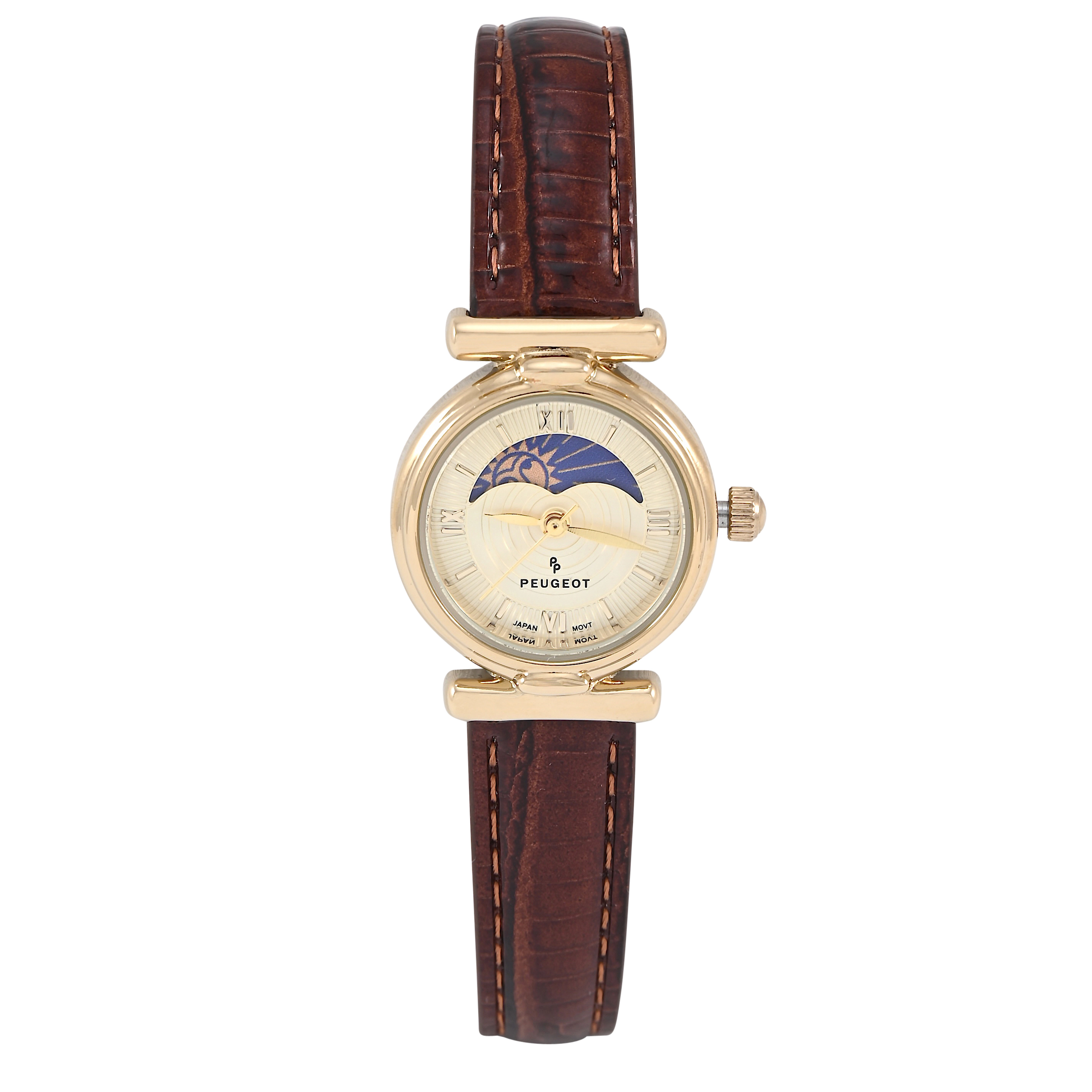 Peugeot Women's Petite 25mm Sun-Moon Watch with Glossy Leather Strap