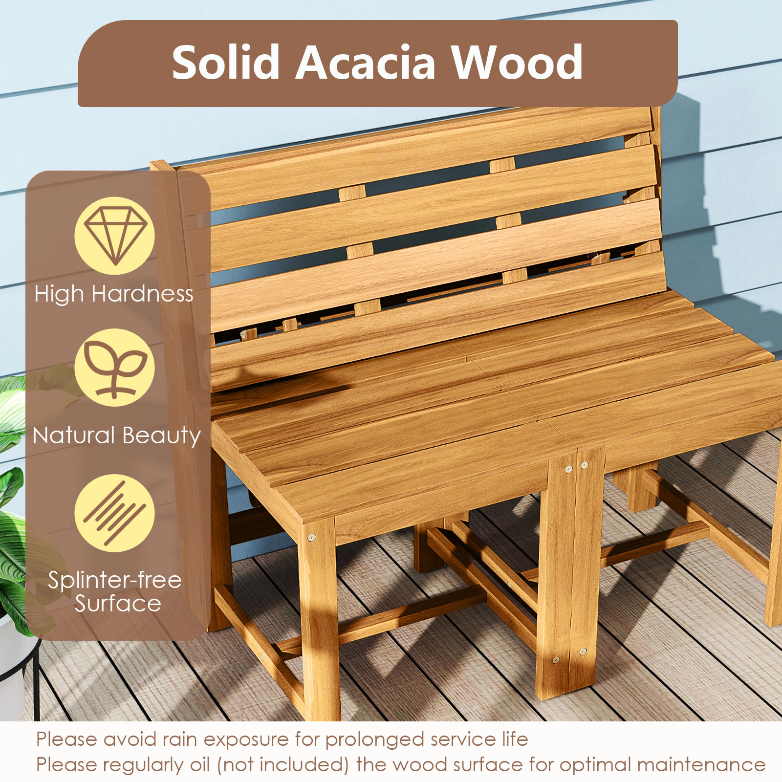 SUGIFT 3-in-1 Convertible Outdoor Loveseat Bench Slatted Seat 400-Lb Capacity per Seat 165-Lb Tabletop Capacity Natural