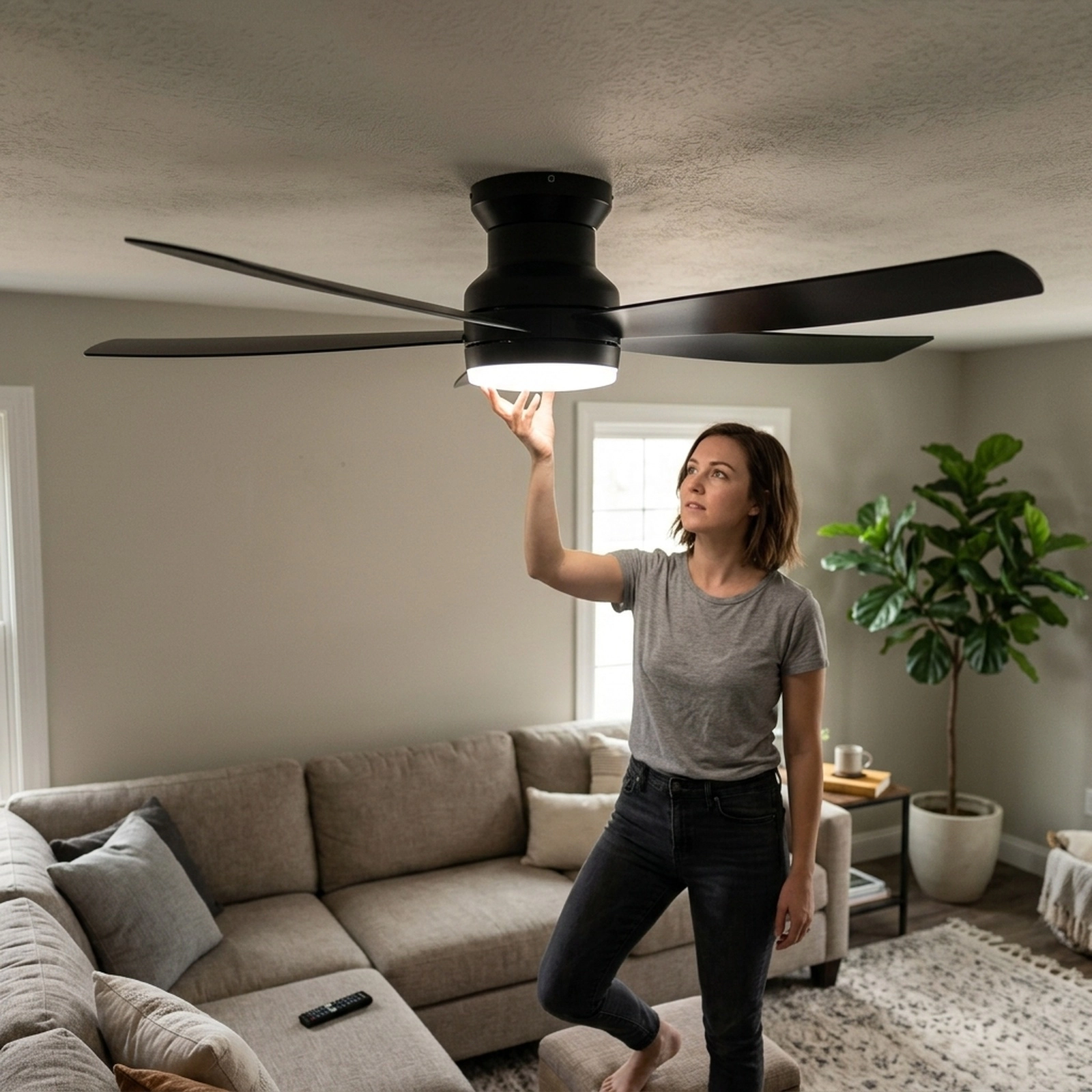 SUGIFT 52-in 5-Blade Flush Mount Ceiling Fan 3CCT LED Light Remote Control 6 Speeds Reversible Motor Black