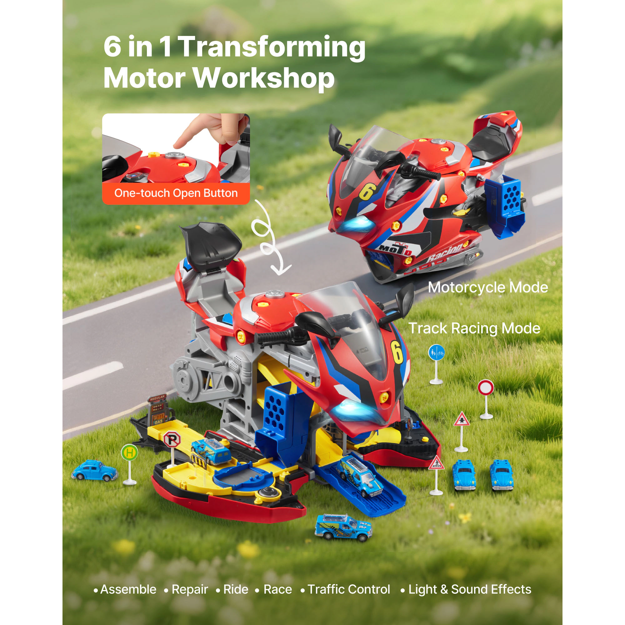 HONGGE Motorcycle Engine Toy 25 Pieces Motorcycle Mechanic Toy with Removable Parts Lights & Sounds Simulated Riding &